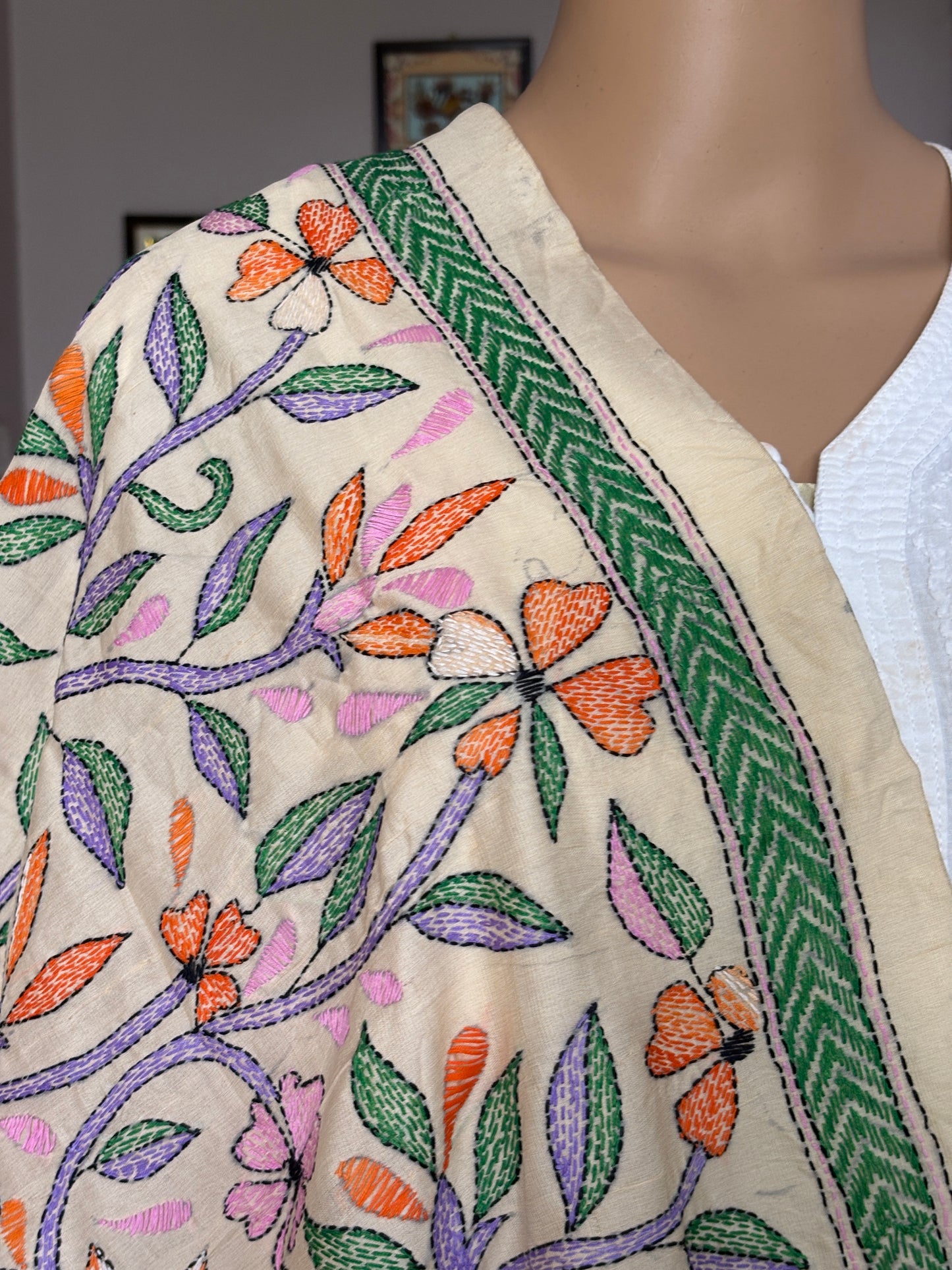 Kantha Hand Embroidered Blended Bangalore Silk Multicolour Floral Dupatta