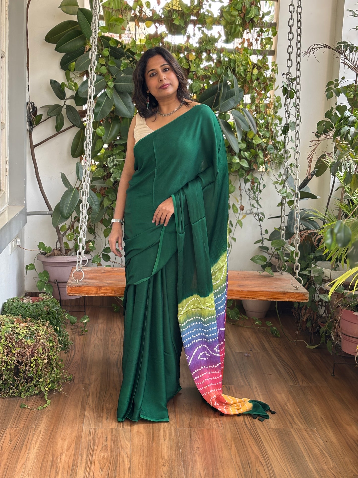 Green Solid Colour  Semi Modal Saree with Multi Colour Bandhej Palla