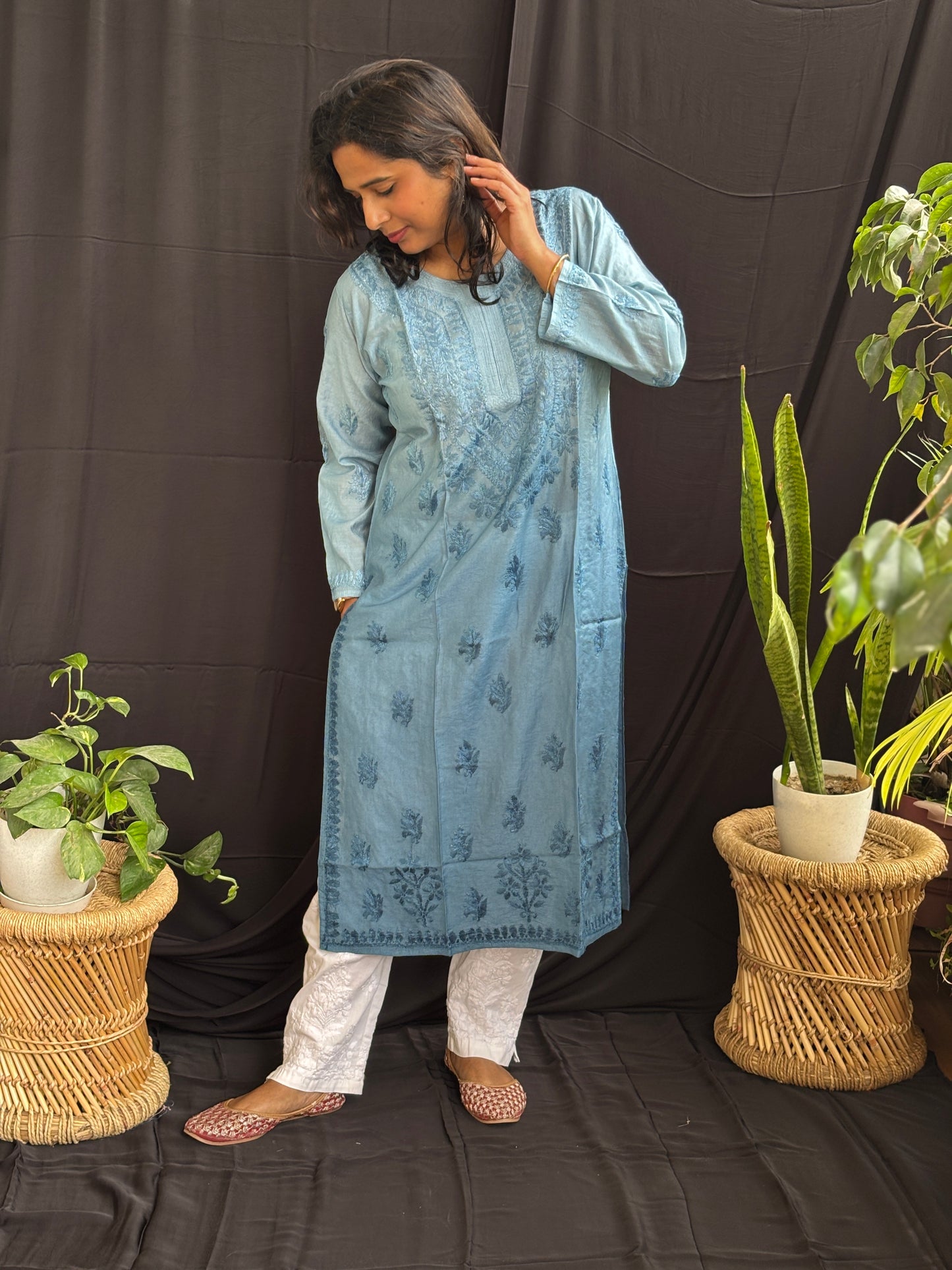 Chanderi Cotton Chikan Hand Embroidered Ombre Dyed Kurti