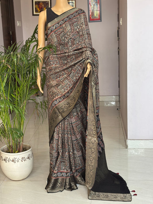 Indigo, Black Madder Contemporary Ajrak Dola Silk Saree