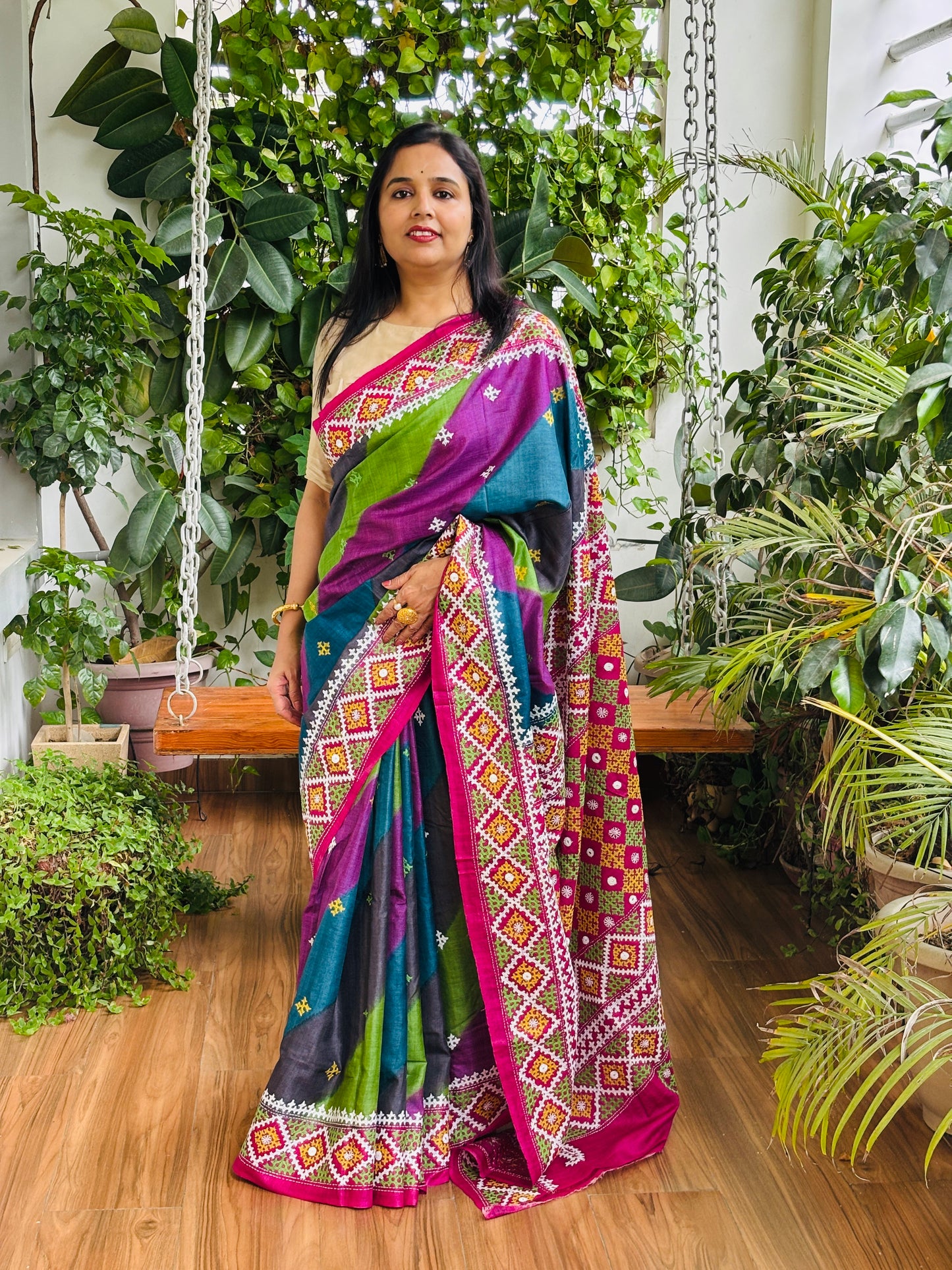 Gujarati Hand Embroidered Pure Tussar Silk Saree in Multi Colour Body and Magenta Palla
