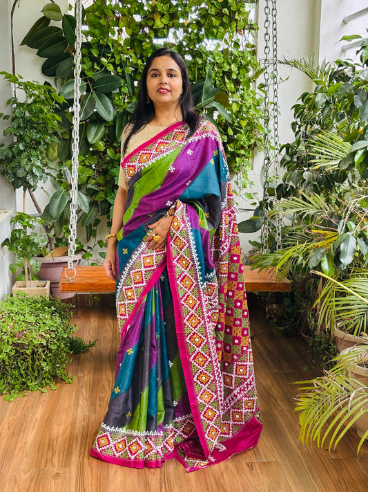 Gujarati Hand Embroidered Pure Tussar Silk Saree in Multi Colour Body and Magenta Palla