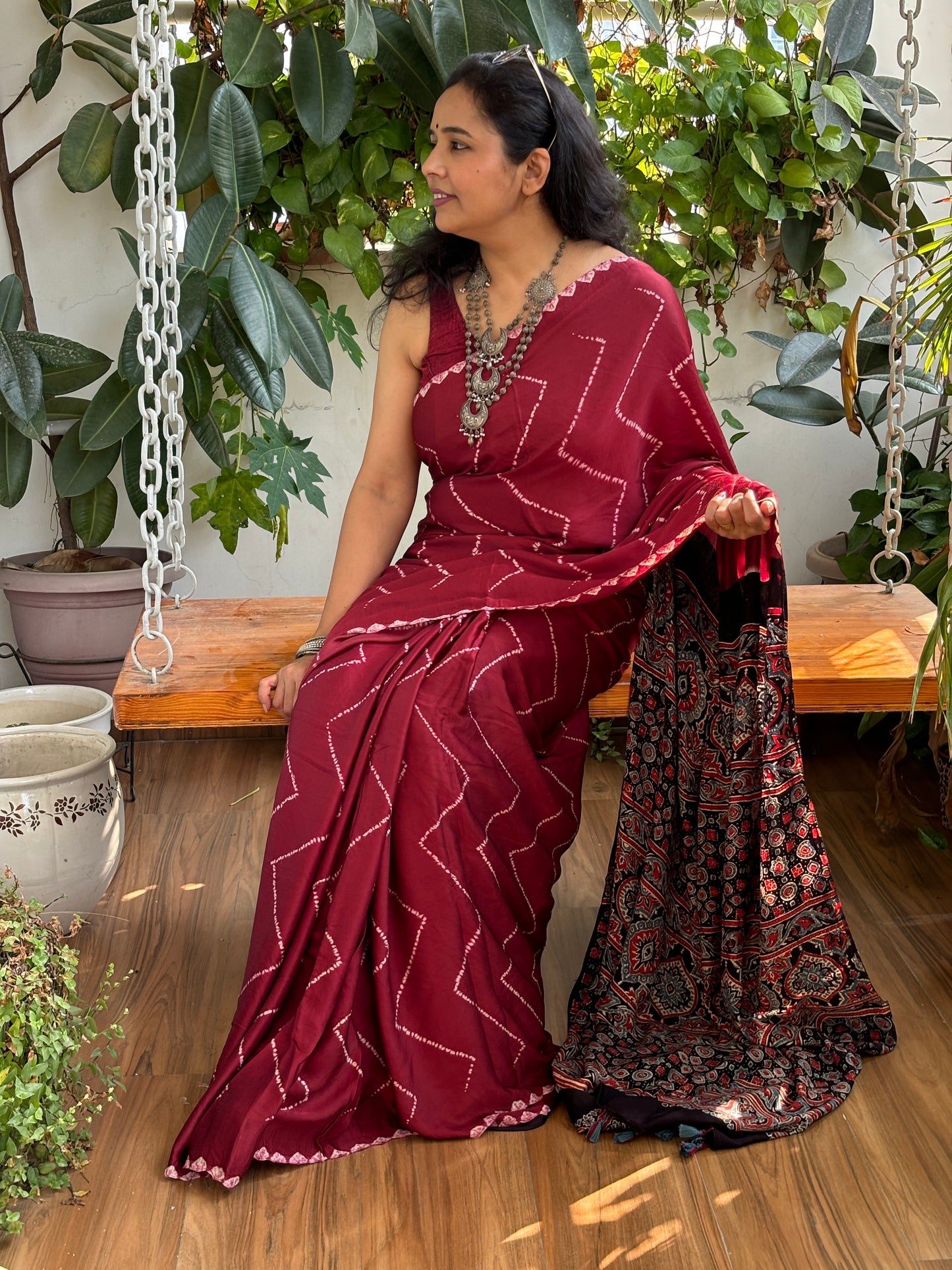 Jashn - Brownish Maroon Colour Needle Shibori Tie and Dye Pure Modal Saree With Ajrakh Hand Block Anchal and Blouse (Copy)
