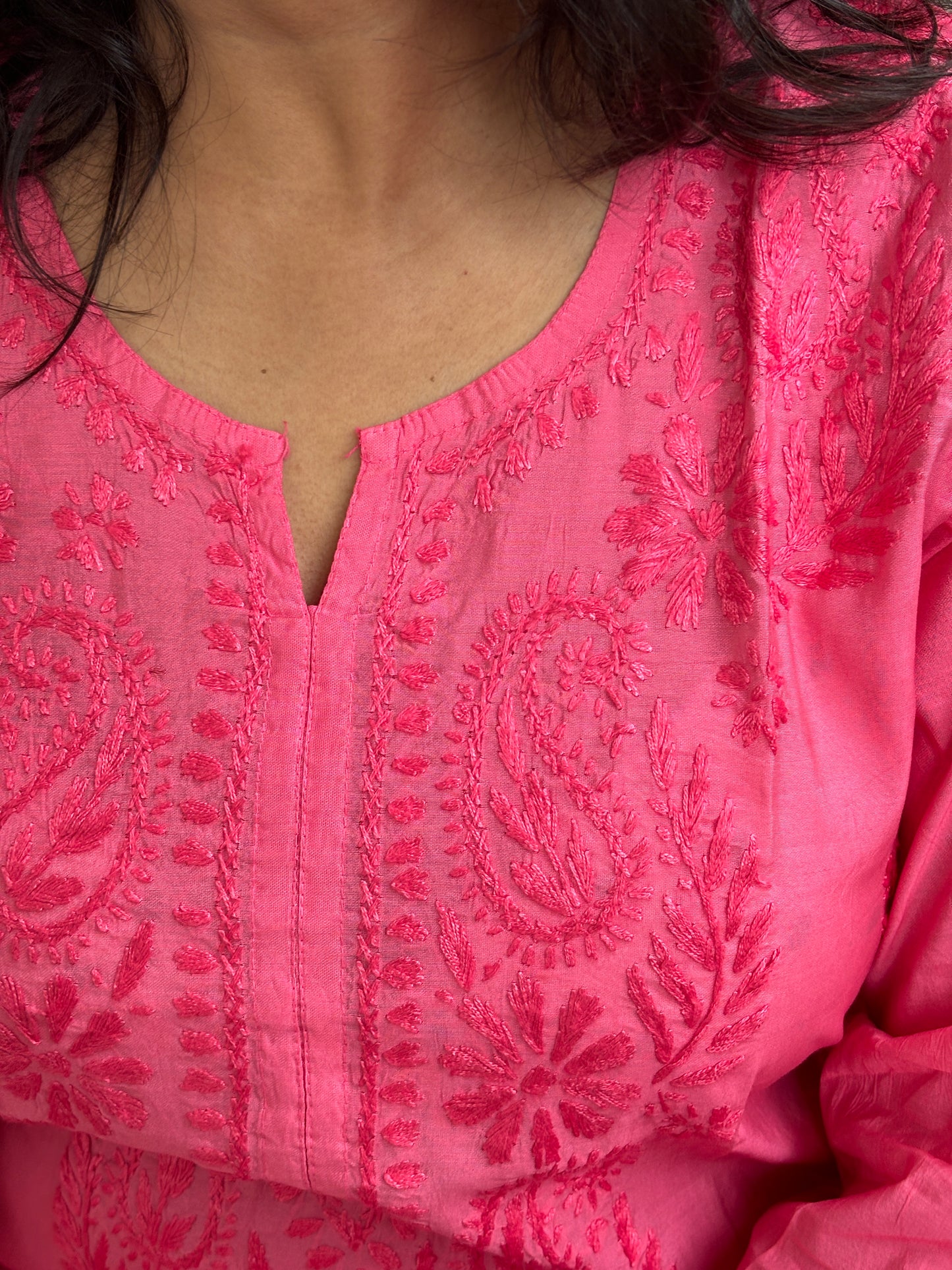 Bubblegum Pink Chanderi Chikan Hand Embroidered Kurti