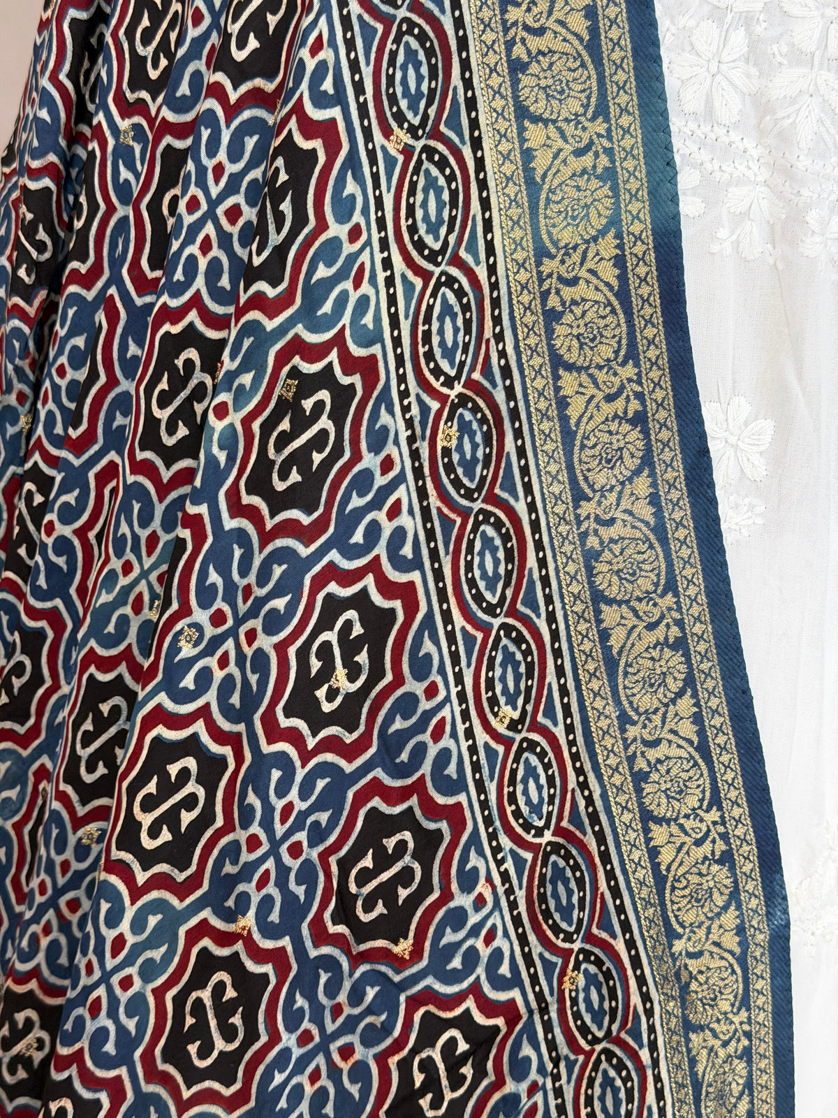 Ajrakh Dola Silk Dupatta With Zari Weaved Border