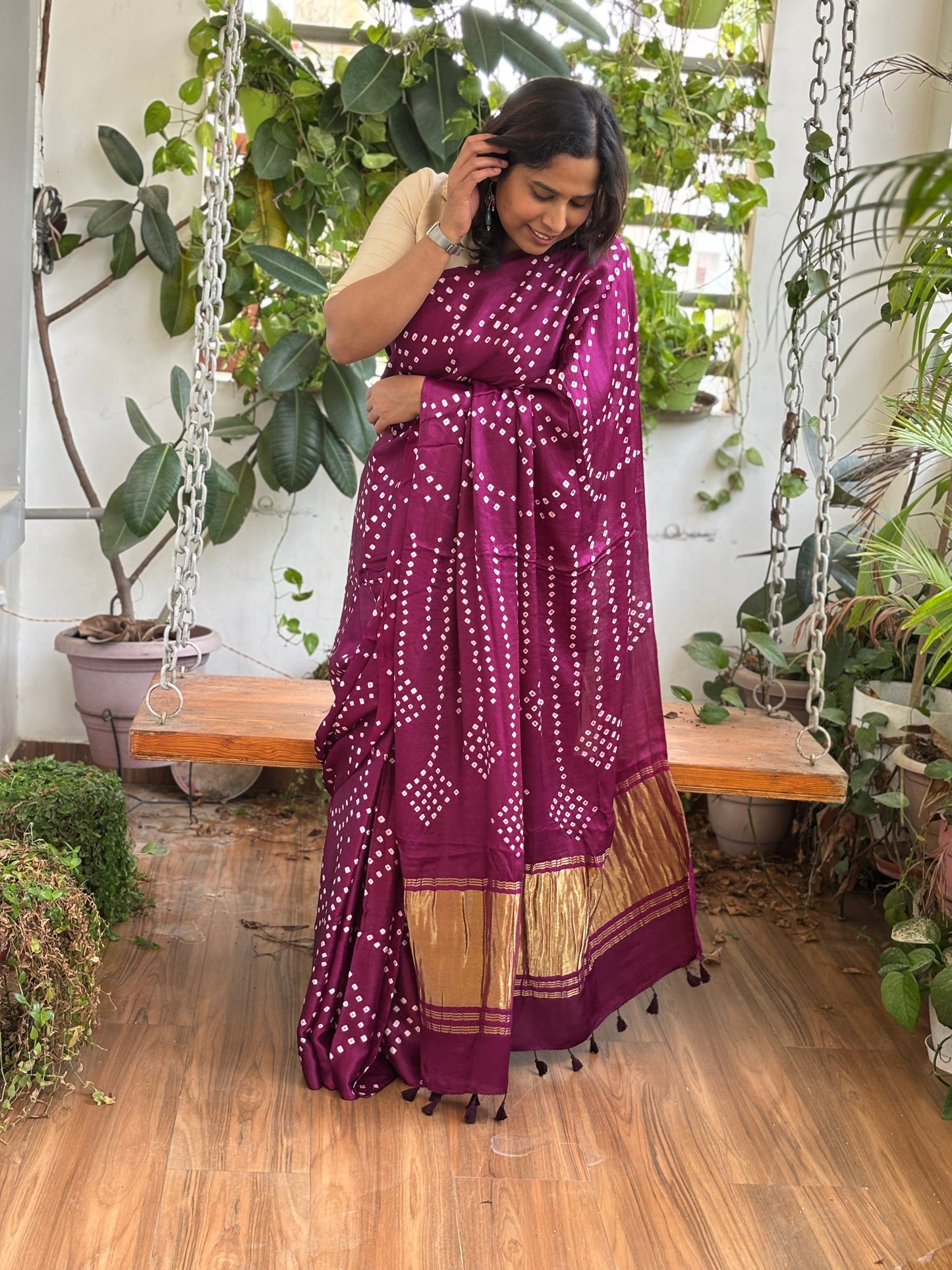 Solid Colour Semi Modal Saree with Bandhej and Tissue Palla