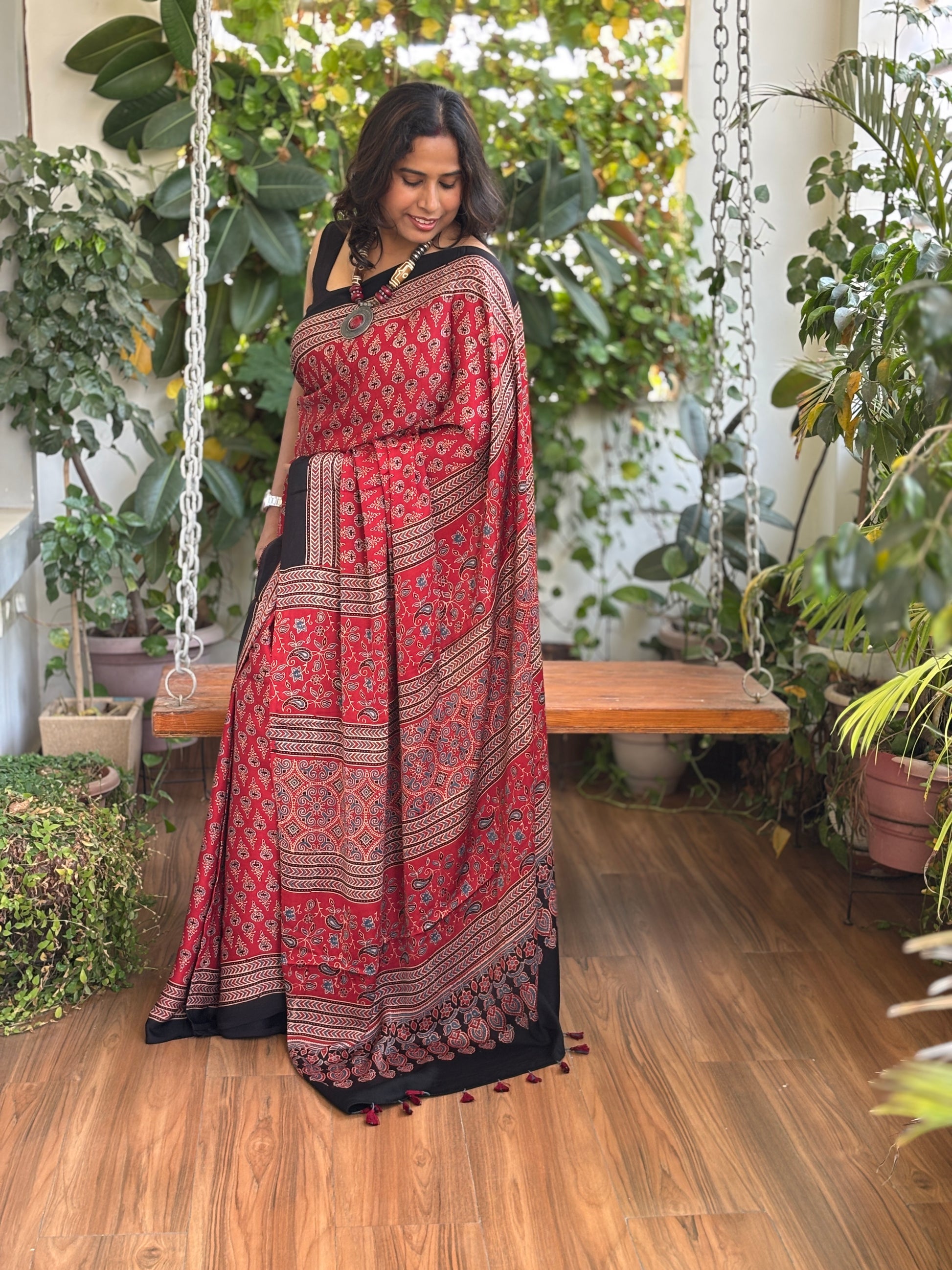 Ajrakh Modal Madder Red Colour Saree, ajrakh saree, Down view