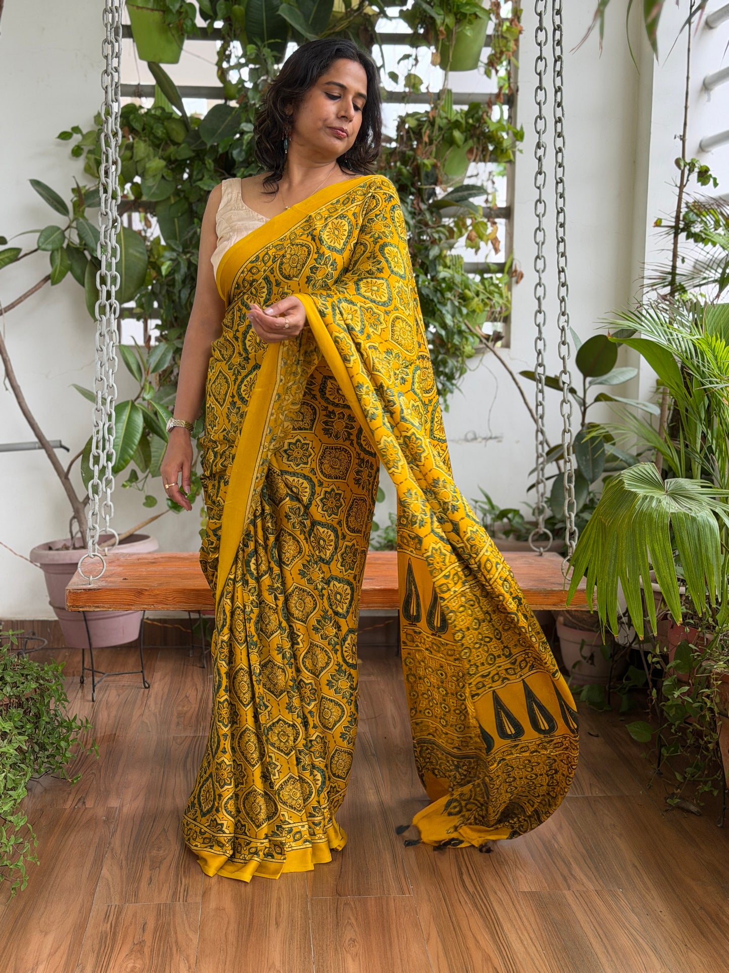 Ajrakh Modal Yellow Classic Saree