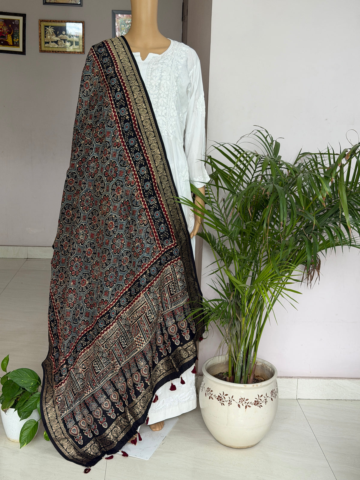 Ajrakh Dola Silk Dupatta With Zari Weaved Border