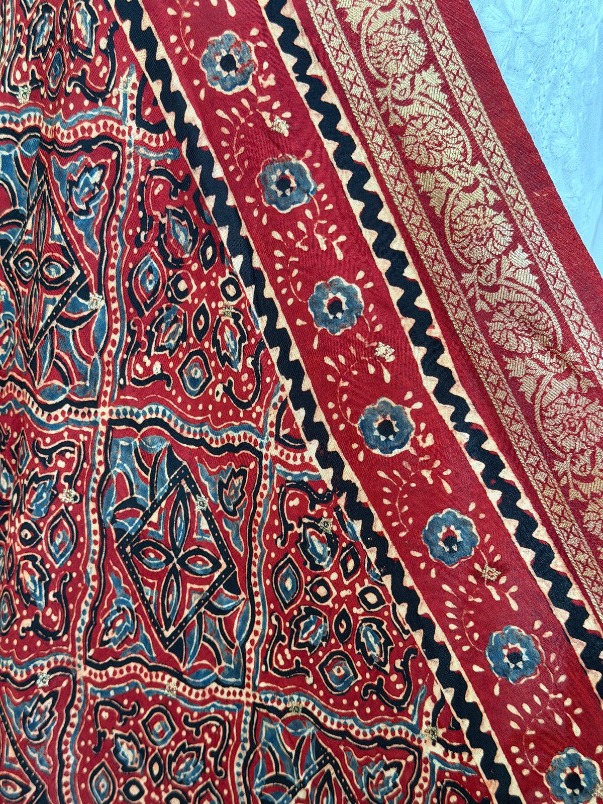 Ajrakh Dola Silk Dupatta With Zari Weaved Border