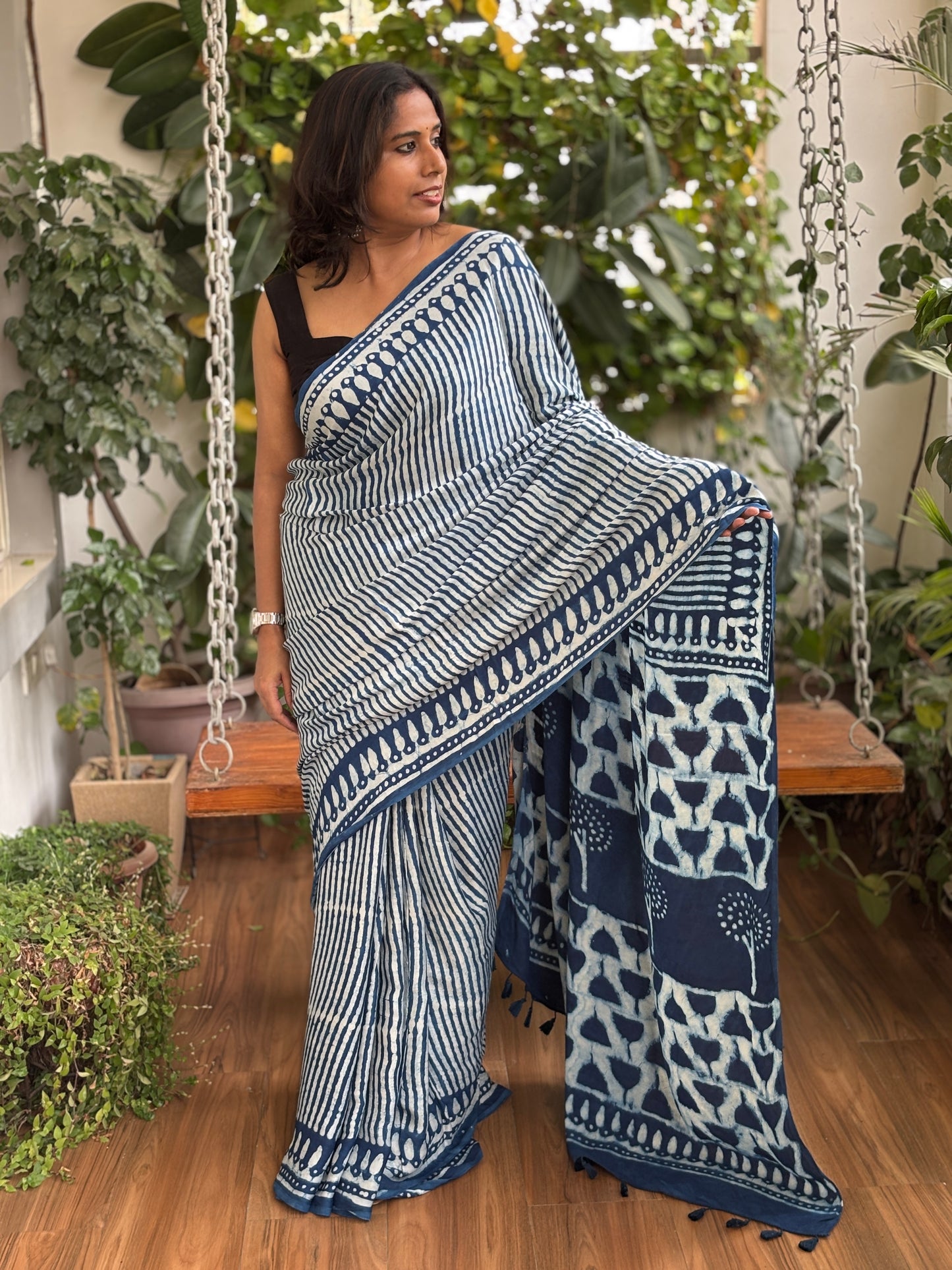 Dabu Hand Block Printed Pure Modal Silk Saree, standing 