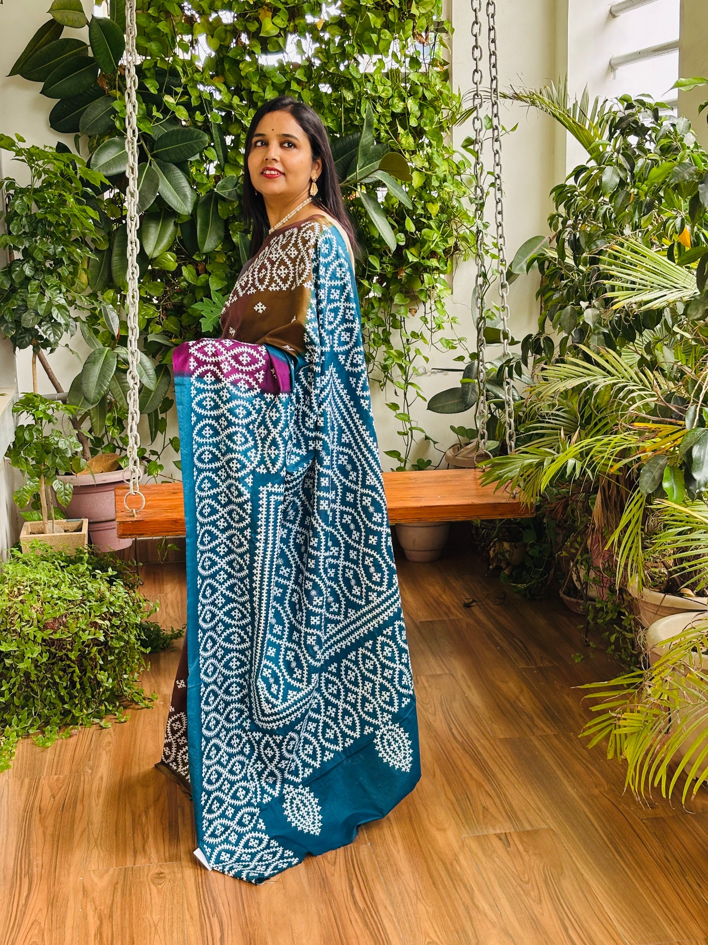 Gujarati Hand Embroidered Pure Bangalore Silk Saree in Multi Colour Tie and Dyed Body and Blue Palla