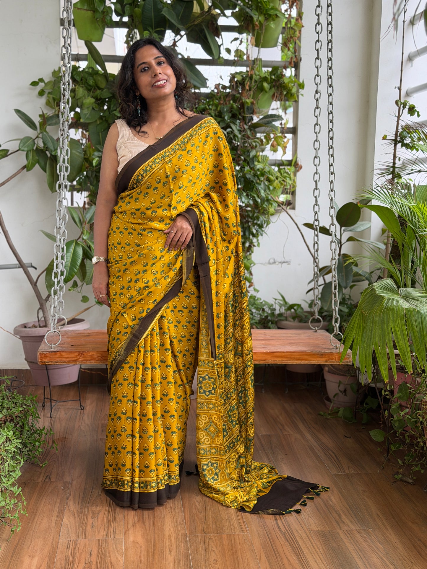 Ajrakh Modal Yellow Classic Saree