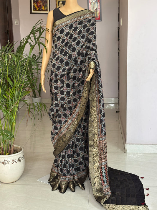 Black and Madder Colour  Ajrakh Saree In Dola Silk