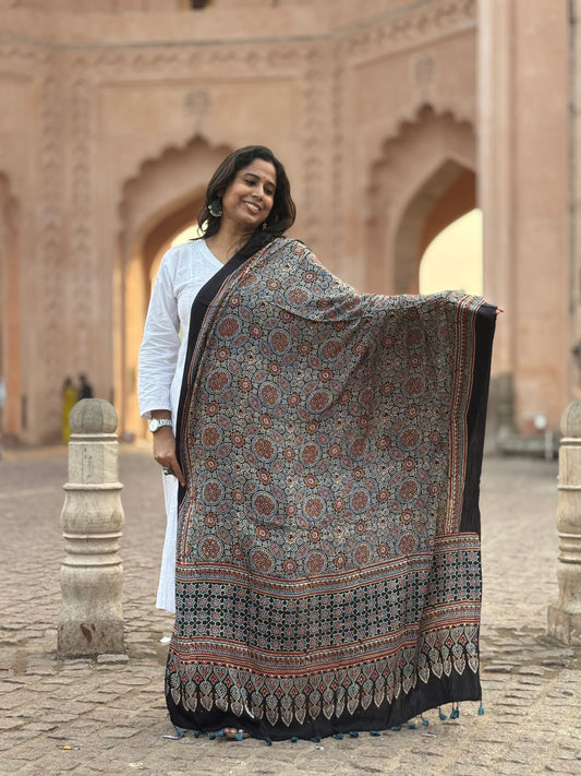 Black Colour Geometrical Jaal Motif Pure Modal Dupatta,ajrakh modal dupatta,front view.