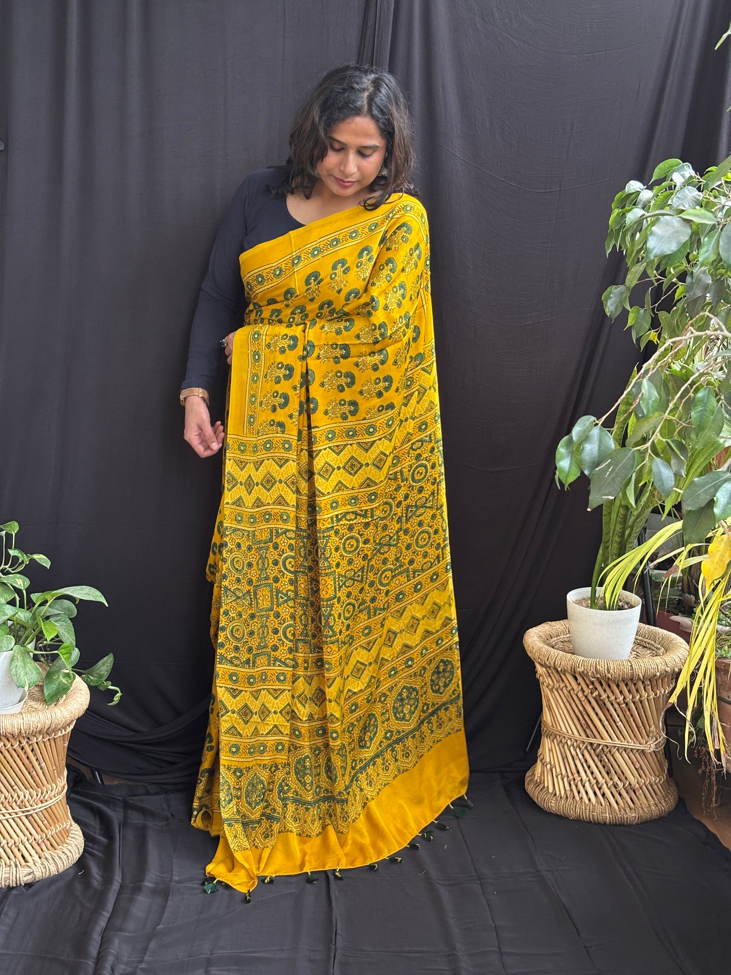 Sunflower  - Yellow Ajrakh Modal Saree