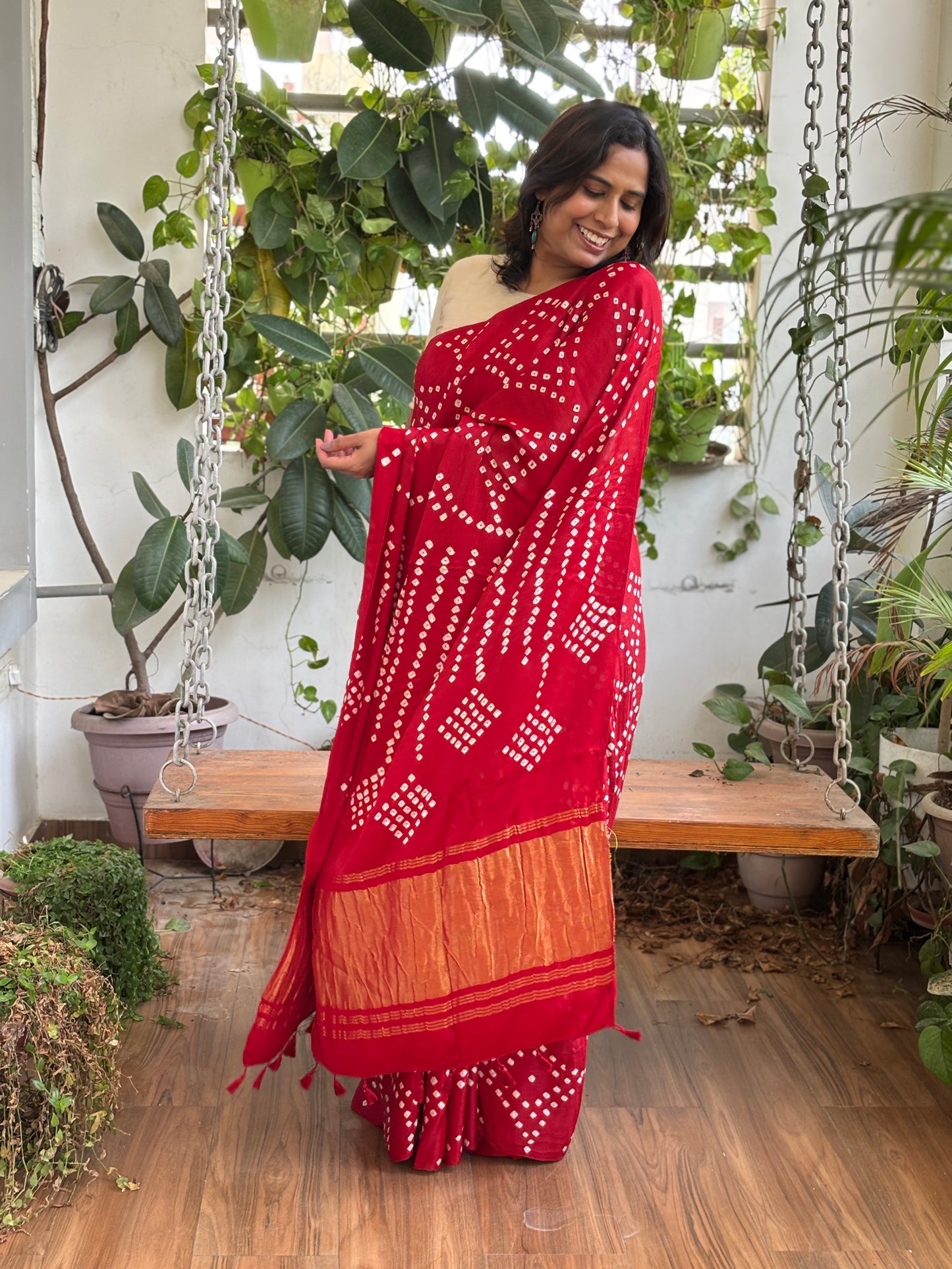 Solid Colour Semi Modal Saree with Bandhej and Tissue Palla