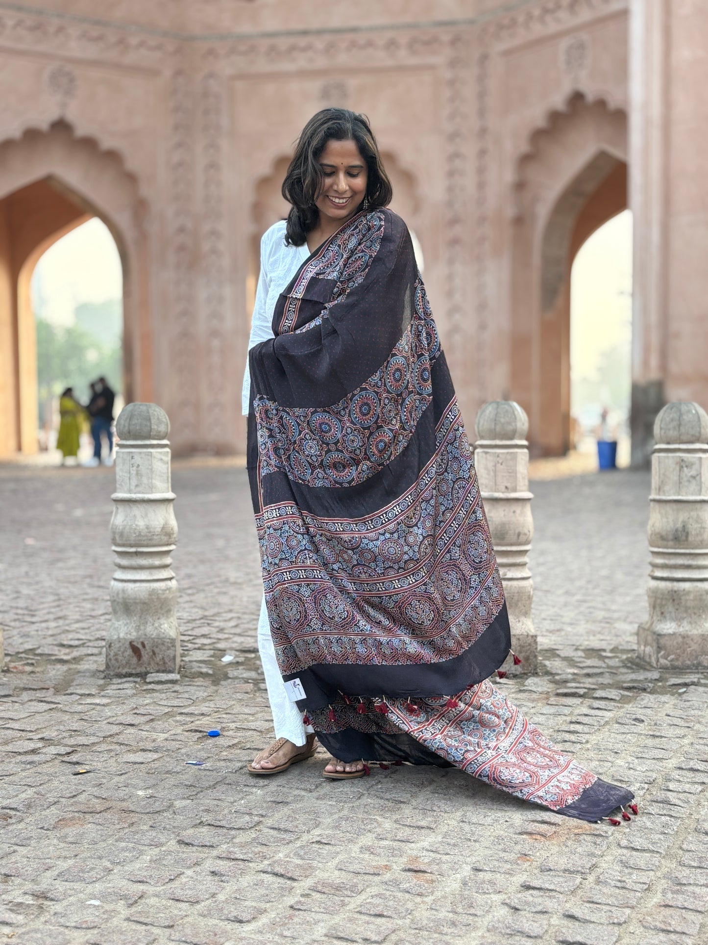 ajrakh modal black dupatta,contemporary dupatta,front view.