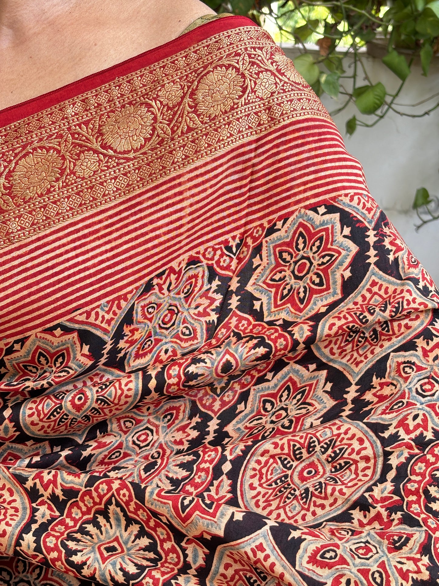 Utsav- Beautiful Natural Dyed Ajrakh Traditional Motif Dola Silk Saree