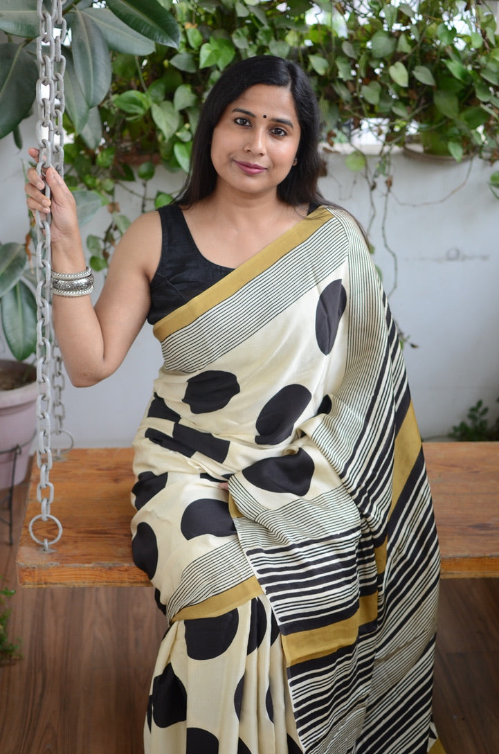 Bulbule (Natural Dyed Pale Yellow Contemporary Ajrakh Modal Saree)