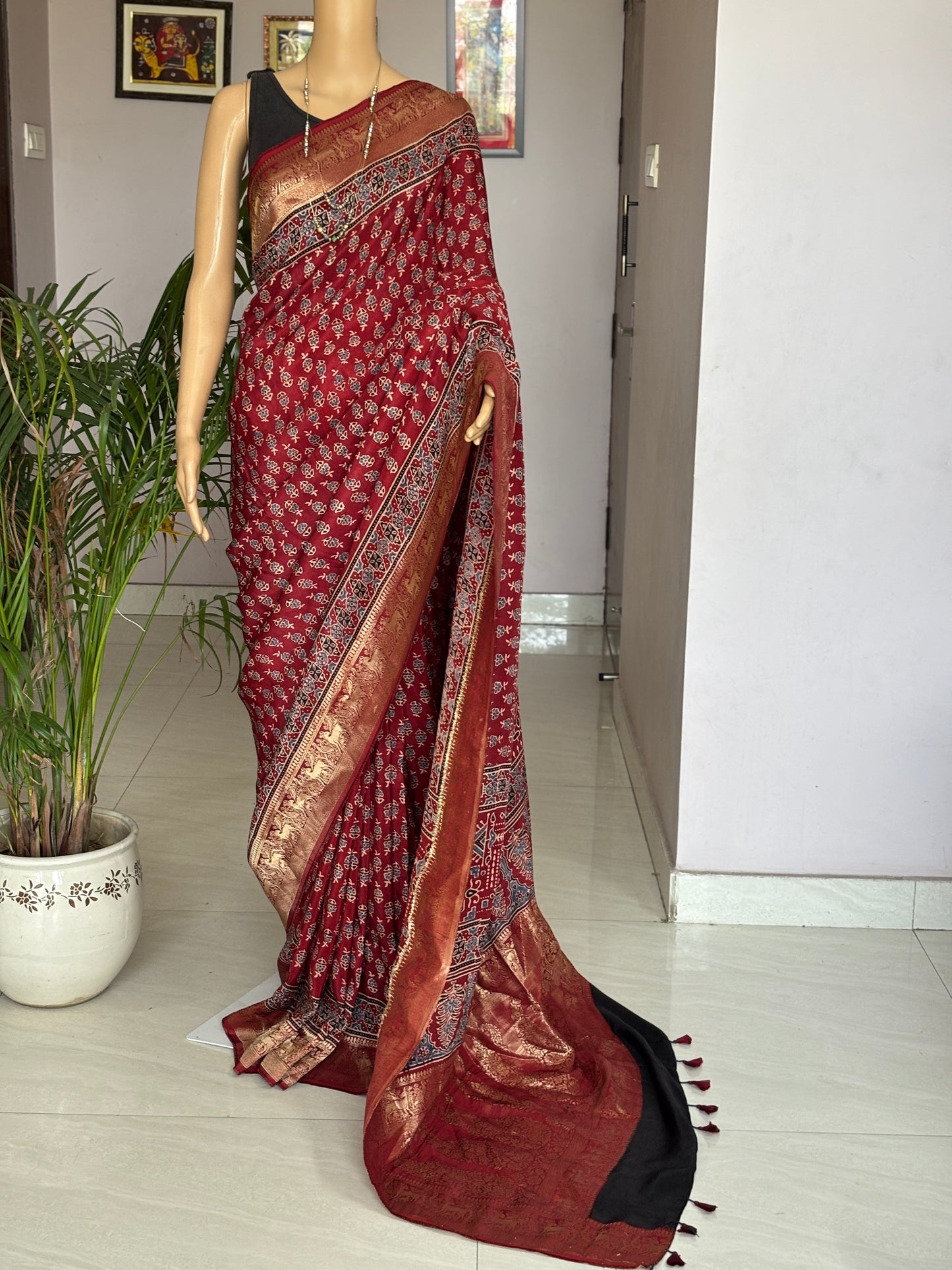 Madder Red  Ajrakh Hand Block Printed Smal Floral Buta Dola Silk Saree
