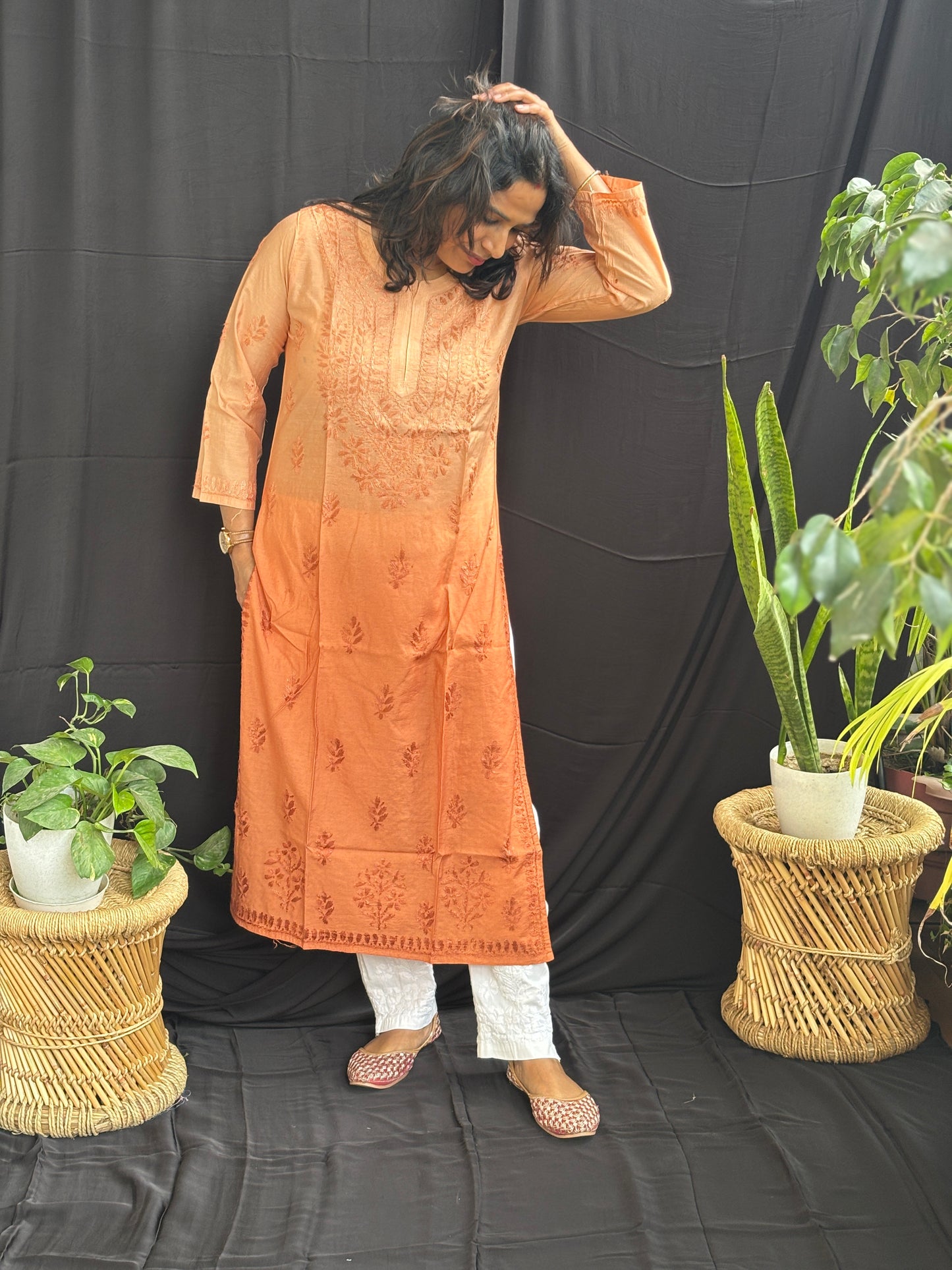 Chanderi Cotton Chikan Hand Embroidered Ombre Dyed Kurti (Copy)