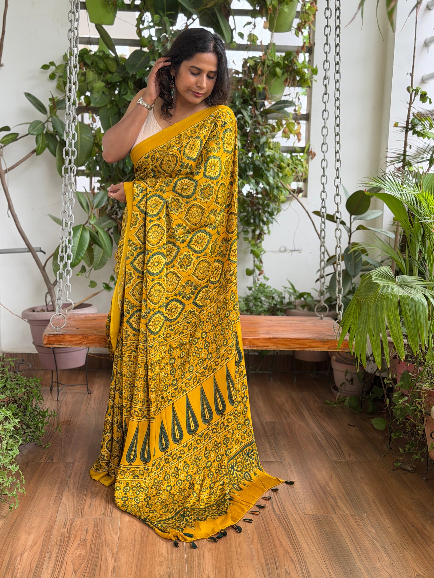Ajrakh Modal Yellow Classic Saree