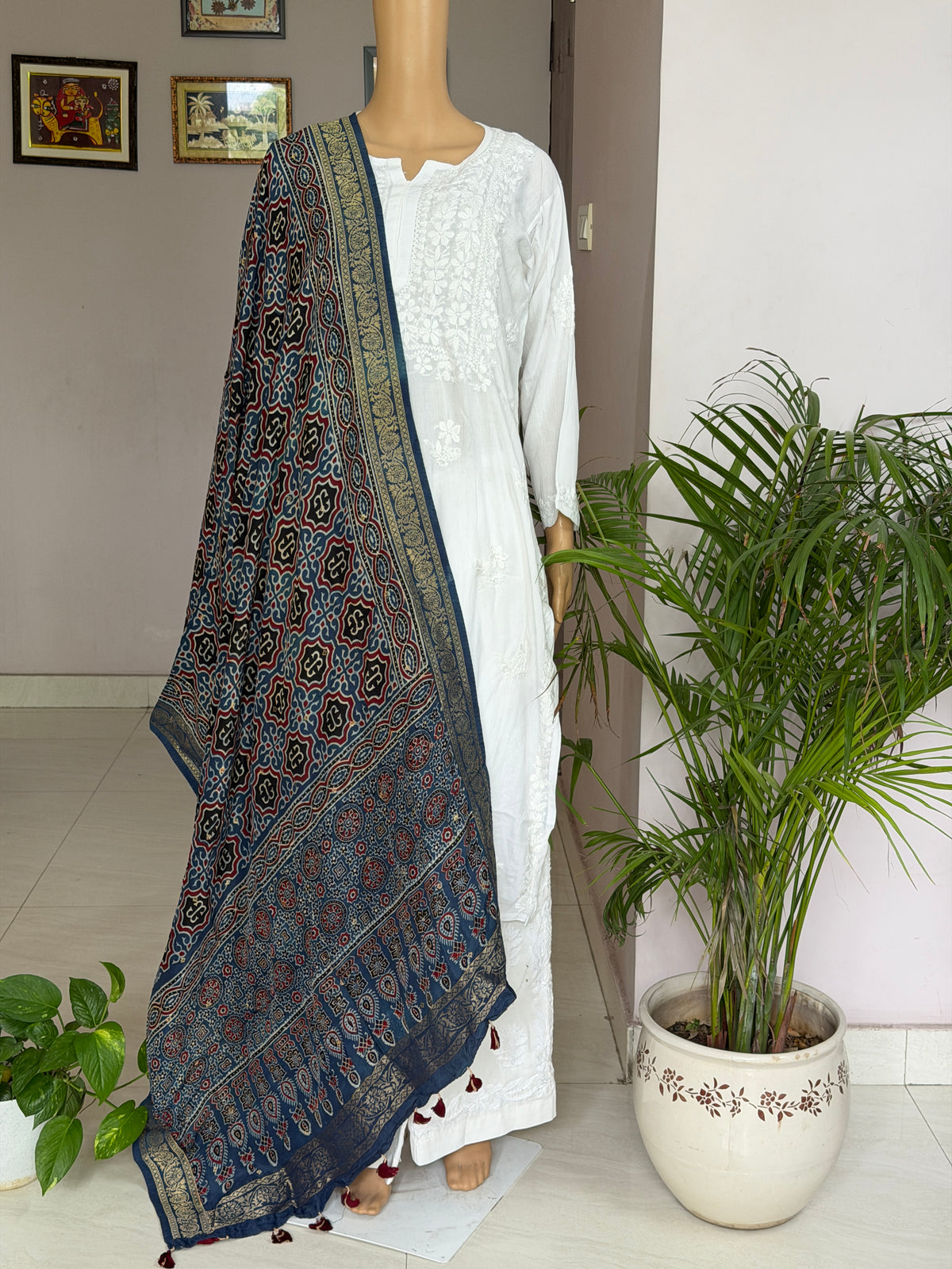 Ajrakh Dola Silk Dupatta With Zari Weaved Border