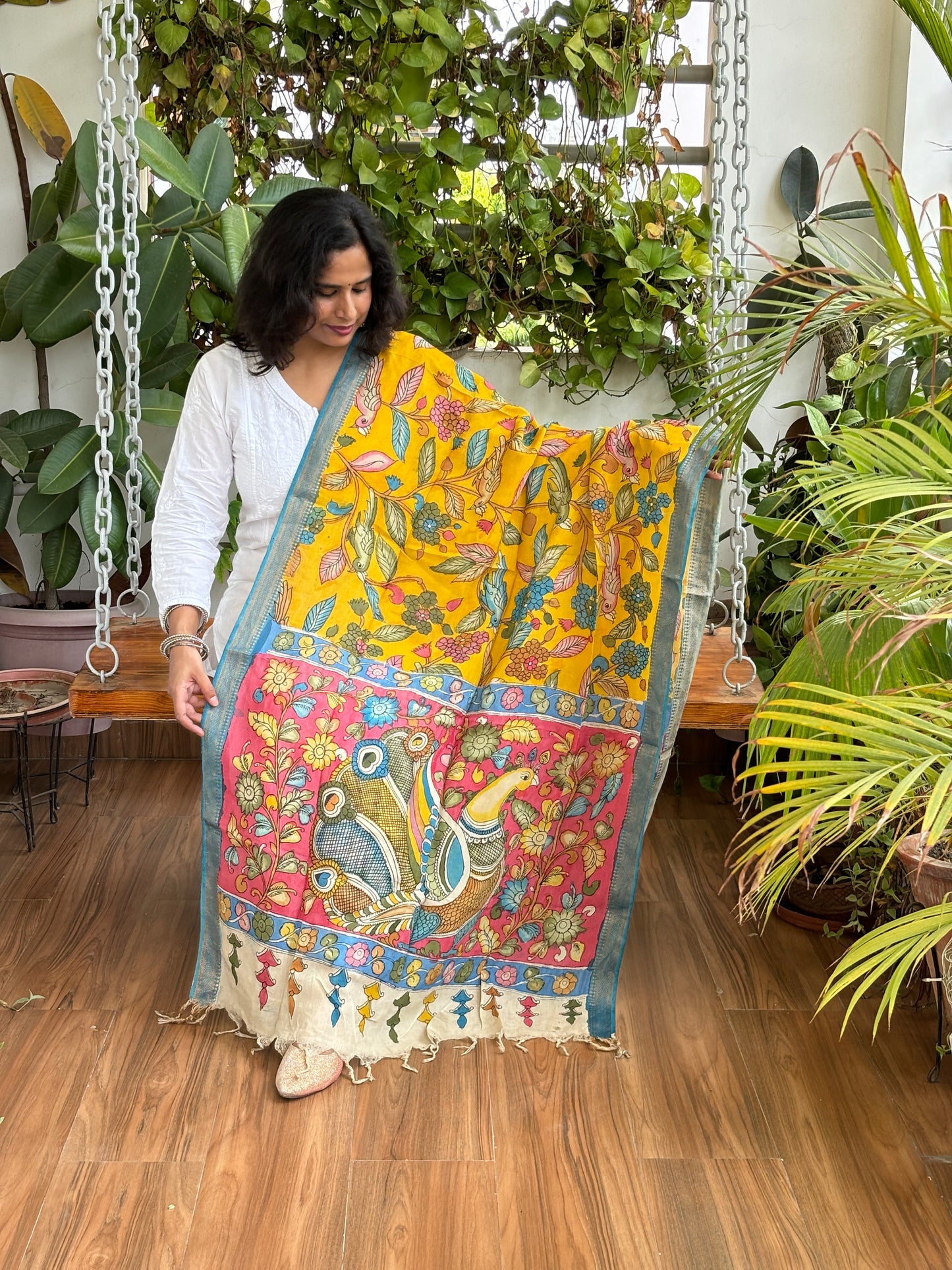 Yellow- Srikalahasti Pen Kalamkari Hand Painted Silk Cotton Dupatta with Zari Weaved Border