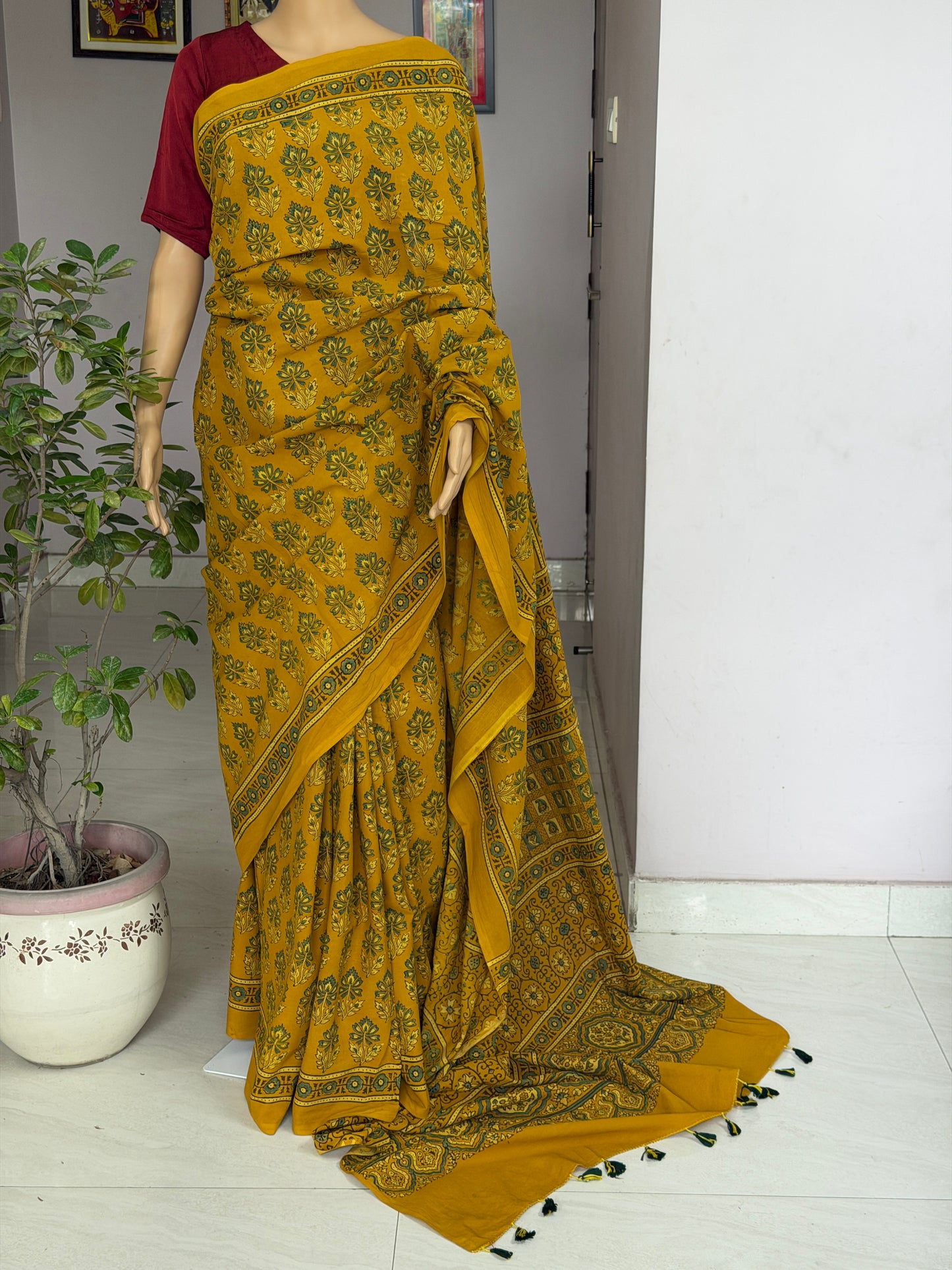 Cotton Ajrakh Hand Block Printed Contemporary Saree