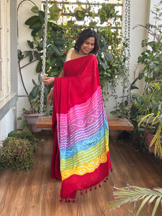 Red Solid Colour  Semi Modal Saree with Multi Colour Bandhej Palla
