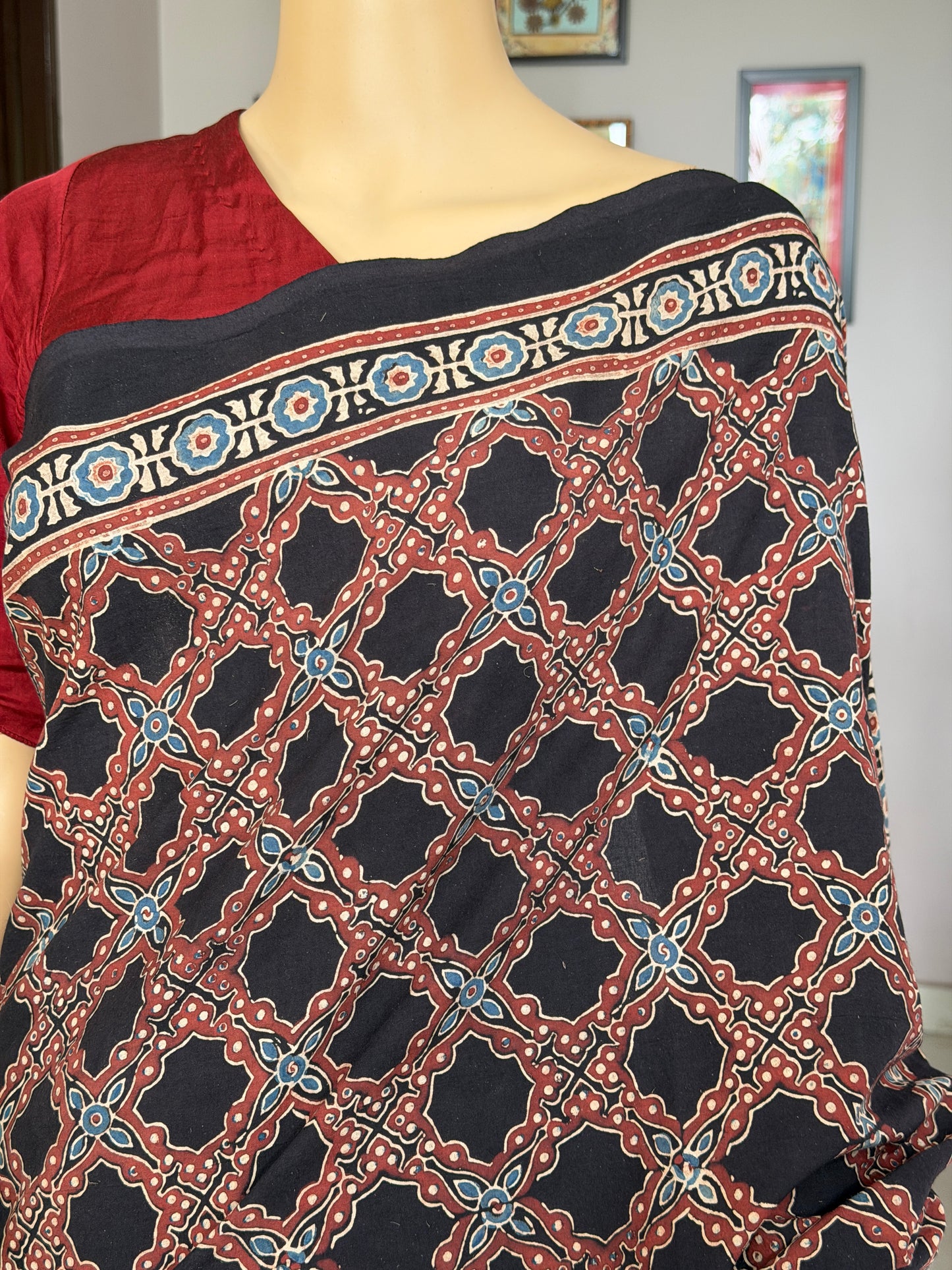 Cotton Ajrakh Hand Block Printed Contemporary Saree