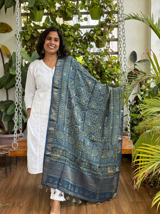 Natural Dyed Indigo Green - Hand Block Ajrakh Georgette Dupatta With Zari Weaved Border