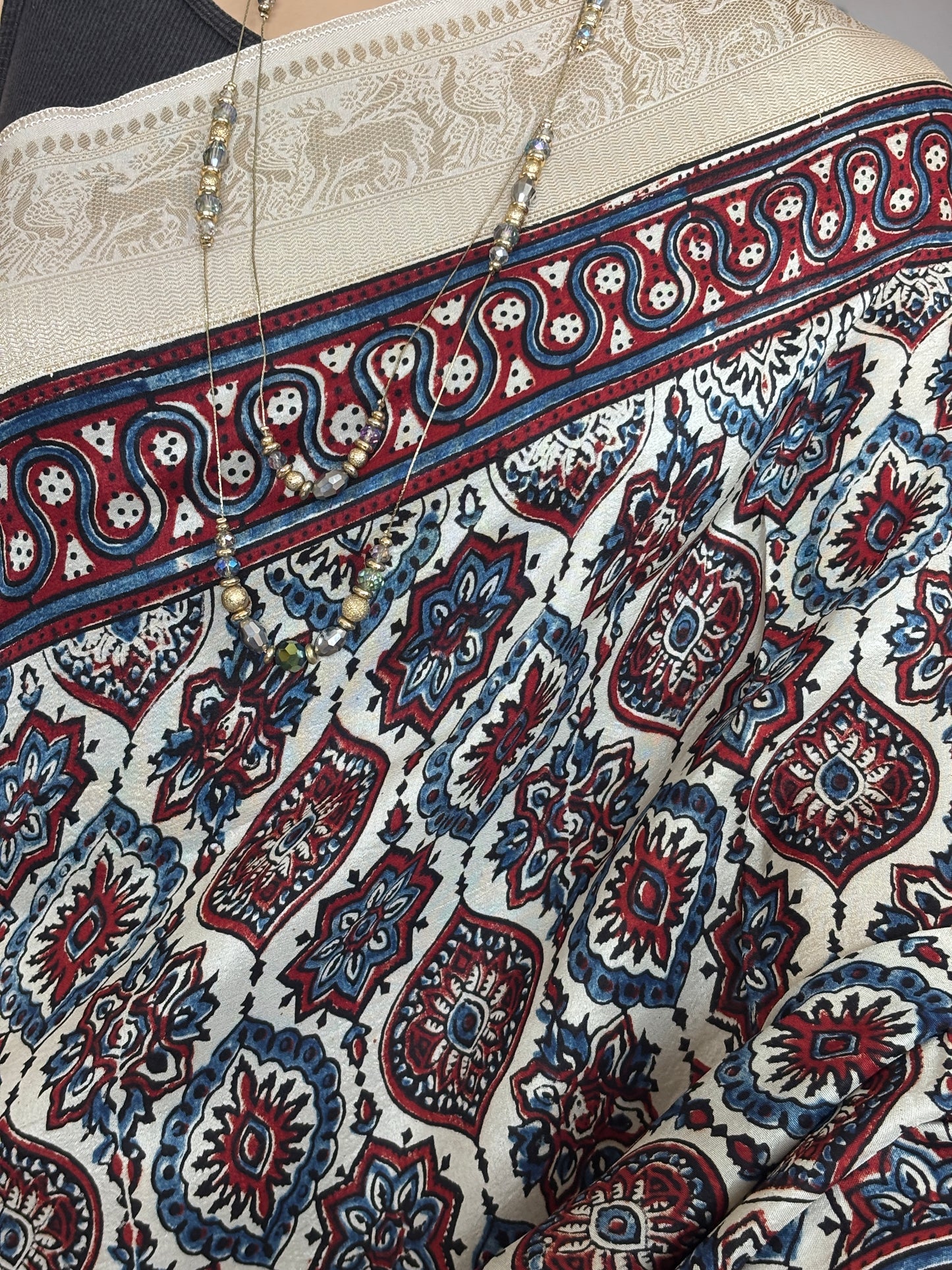 Pale Ivory Ajrakh Hand Block Printed Badambuta Dola Silk Saree