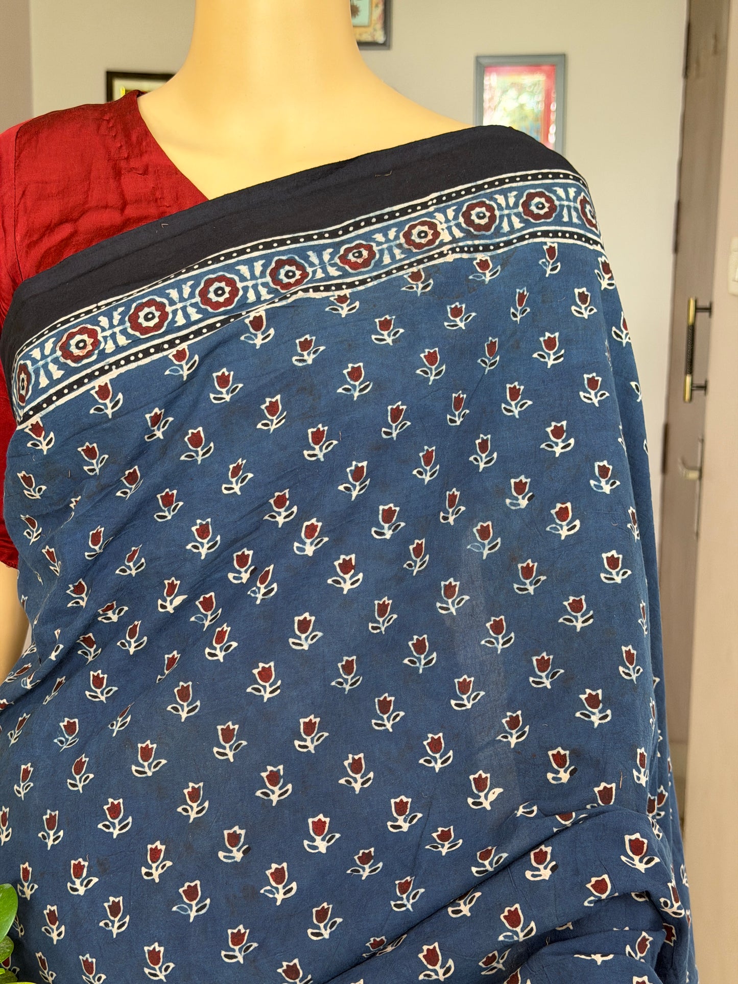 Cotton Ajrakh Hand Block Printed Contemporary Saree