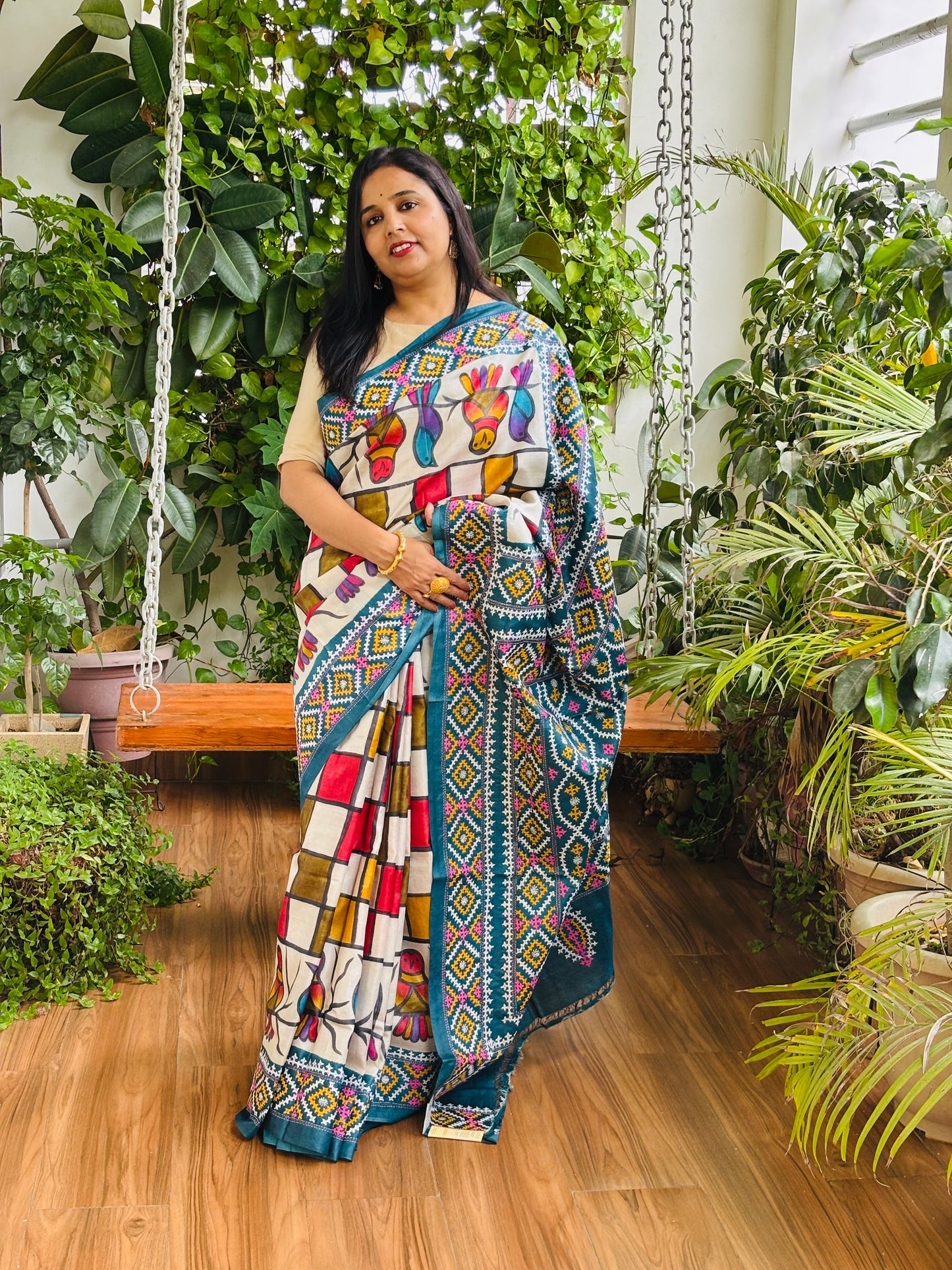 Gujarati Hand Embroidered Pure Tussar Silk Saree With Contemporary Hand Paint