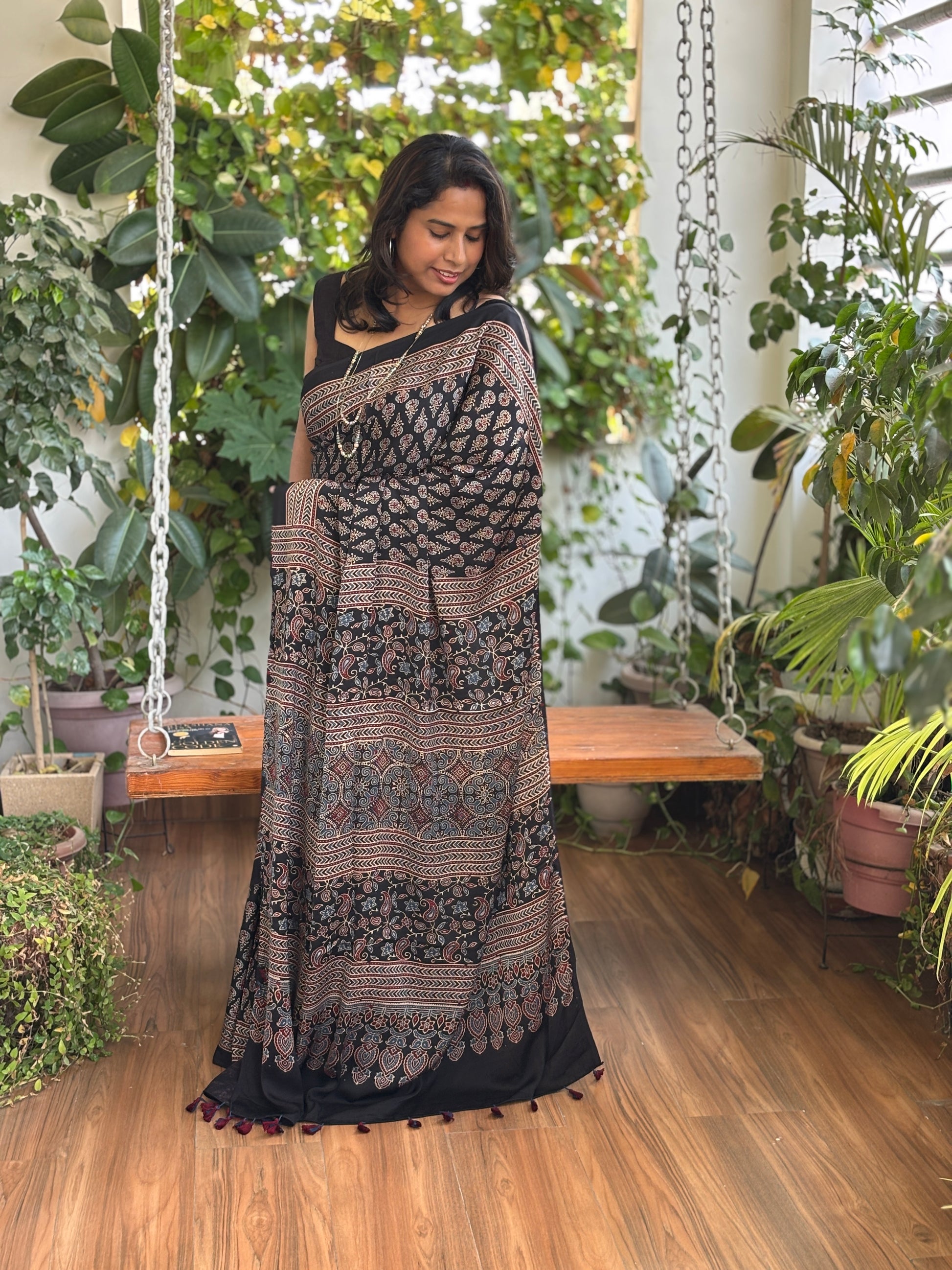 Red Ajrakh Modal Saree, Ajrakh modal saree, Palla