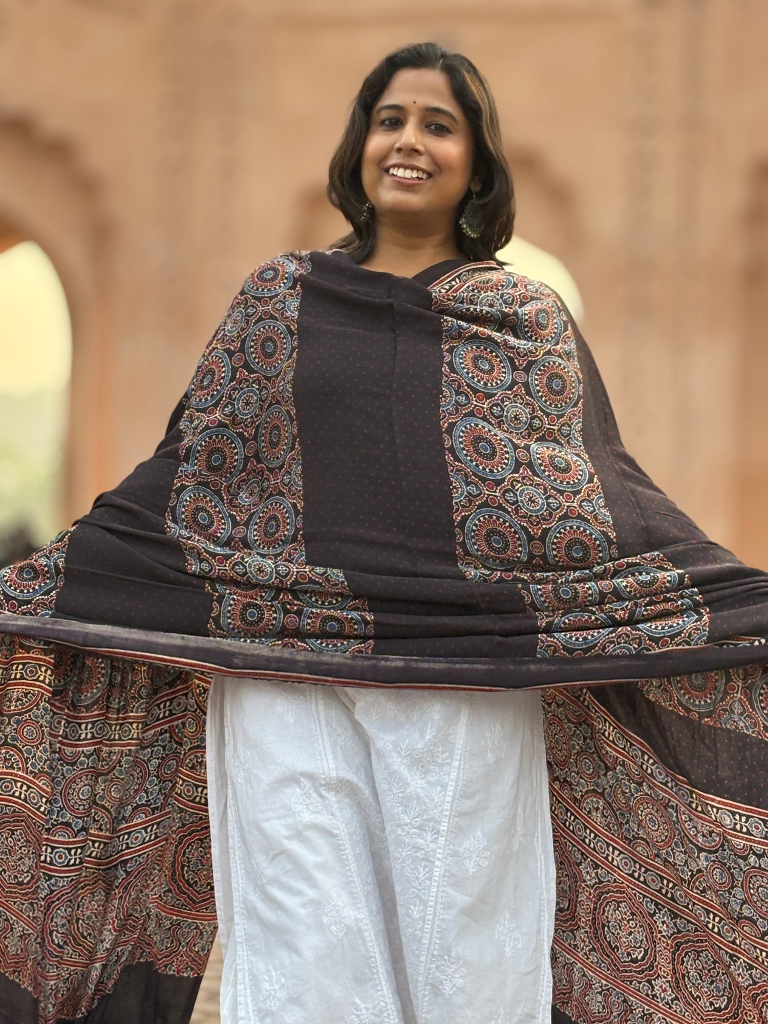 ajrakh modal black dupatta,contemporary dupatta,front view.