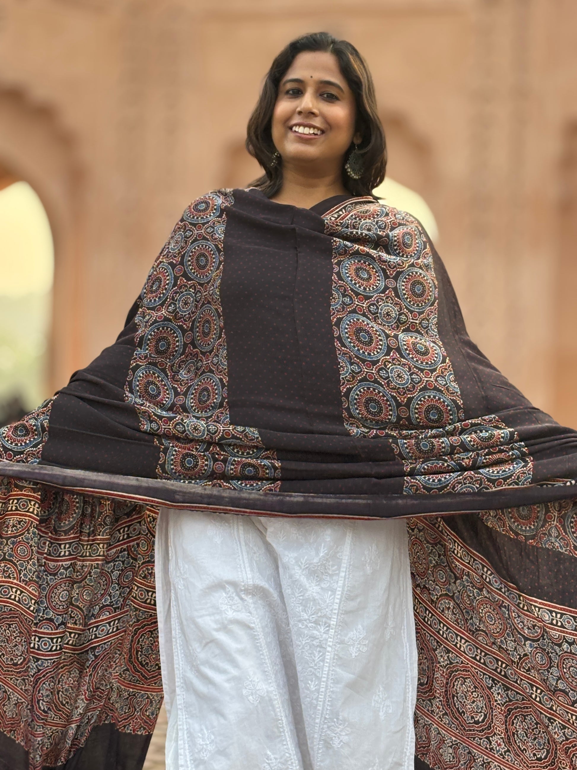 ajrakh modal black dupatta,contemporary dupatta,front view.