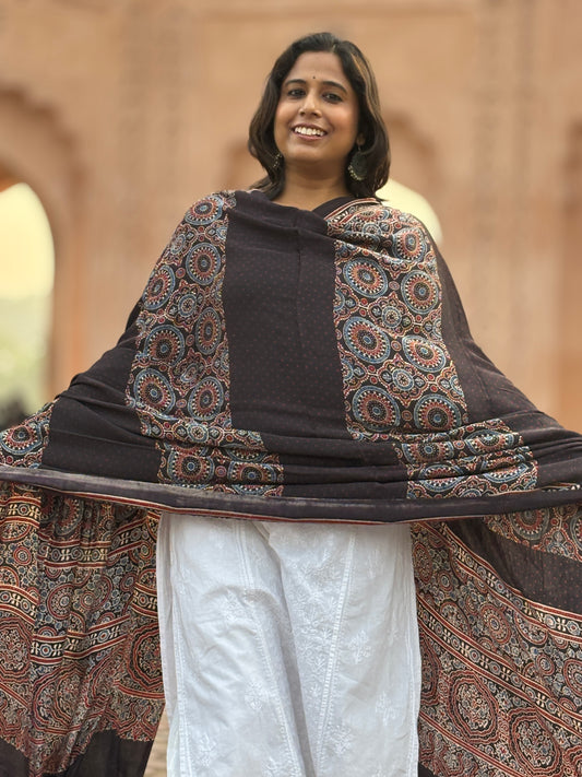 ajrakh modal black dupatta,contemporary dupatta,front view.