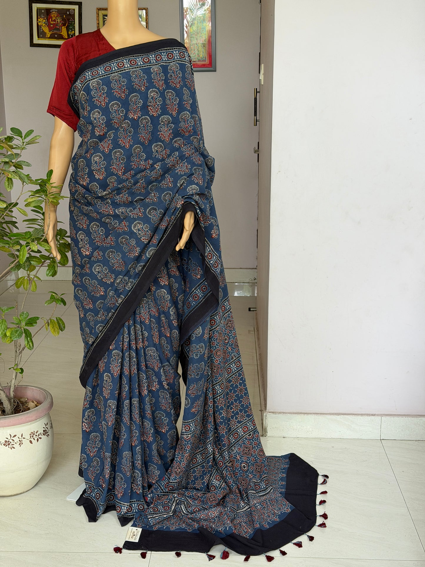 Cotton Ajrakh Hand Block Printed Contemporary Saree