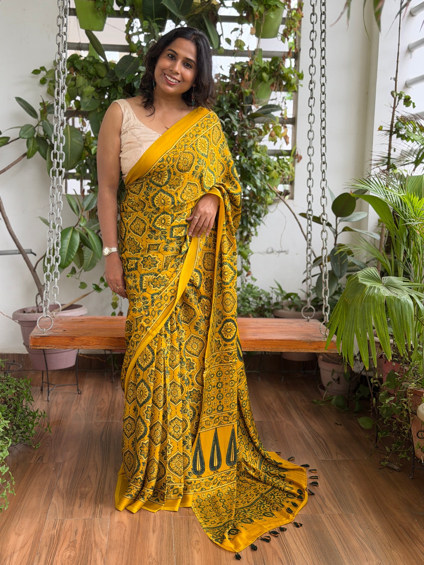 Ajrakh Modal Yellow Classic Saree