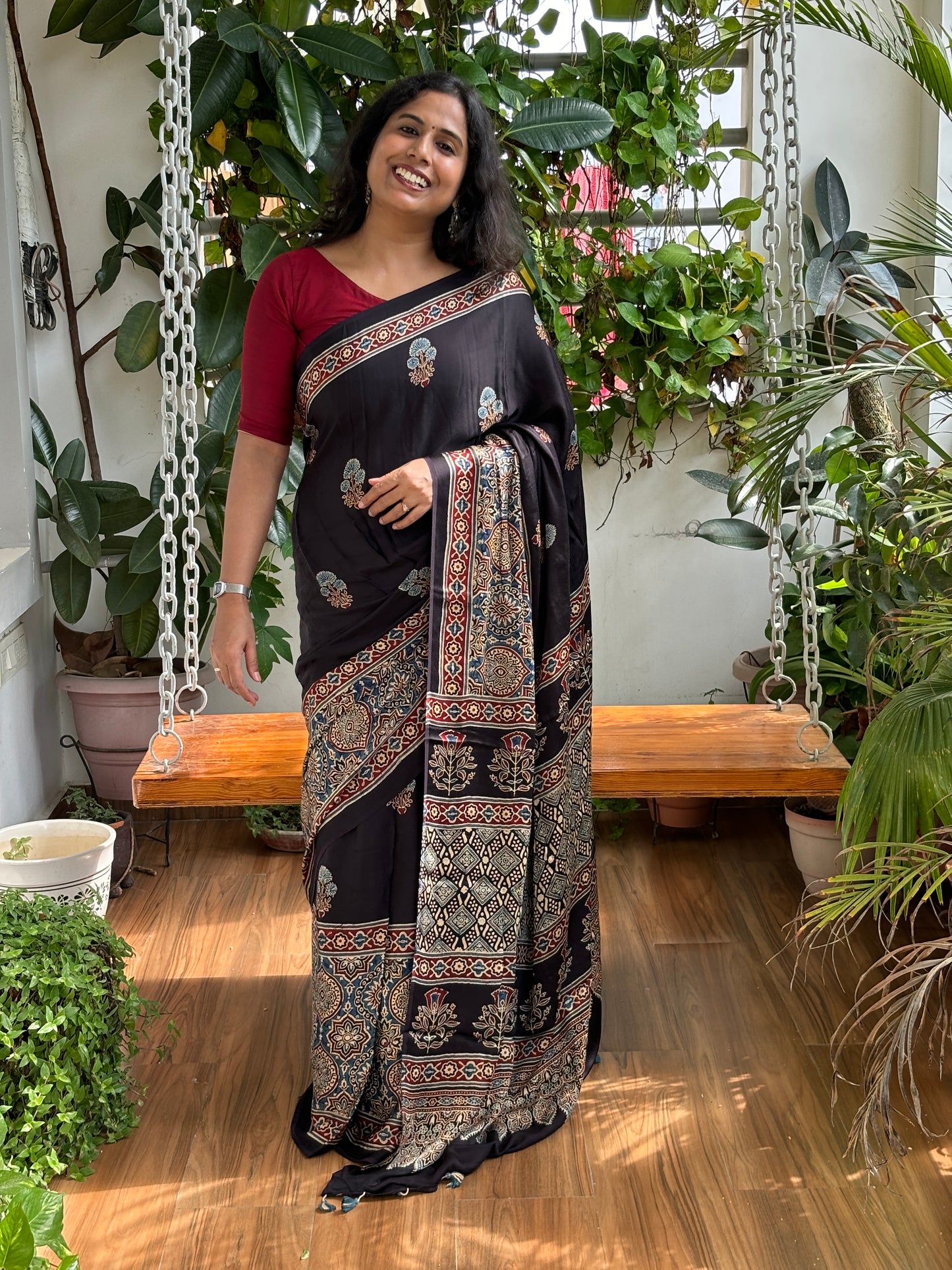 Joya - Natural Dye  Black Modal Premium Saree With Indigo Skirt with Badamduta Motif