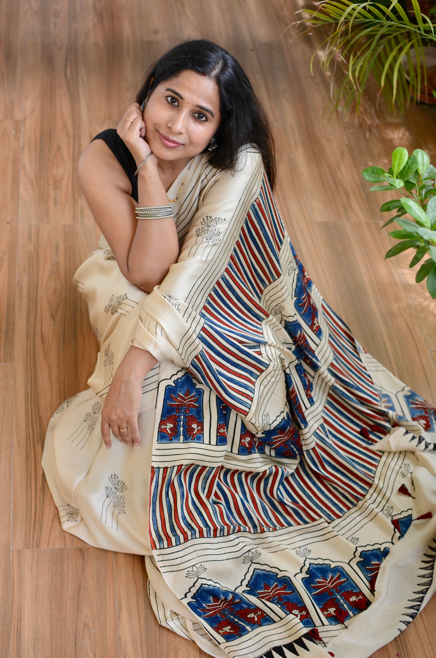 Subhra- Plale White Modal Saree with Black Motif on Body and Indigo Jharokha Motif Palla