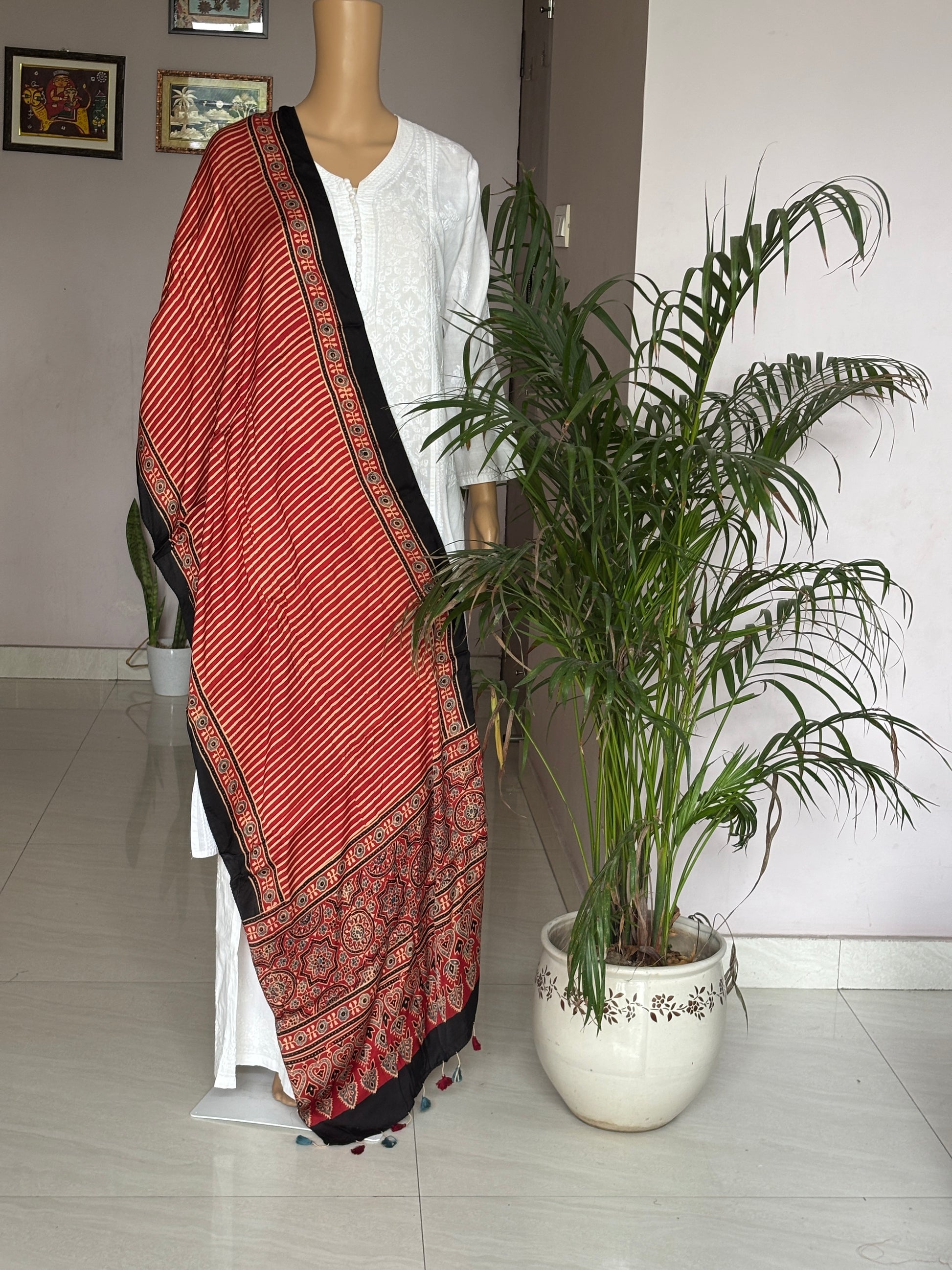 Ajrakh modal stole, red stole, front view.