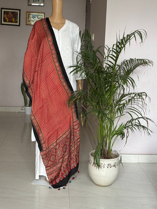 Ajrakh modal stole, red stole, front view.