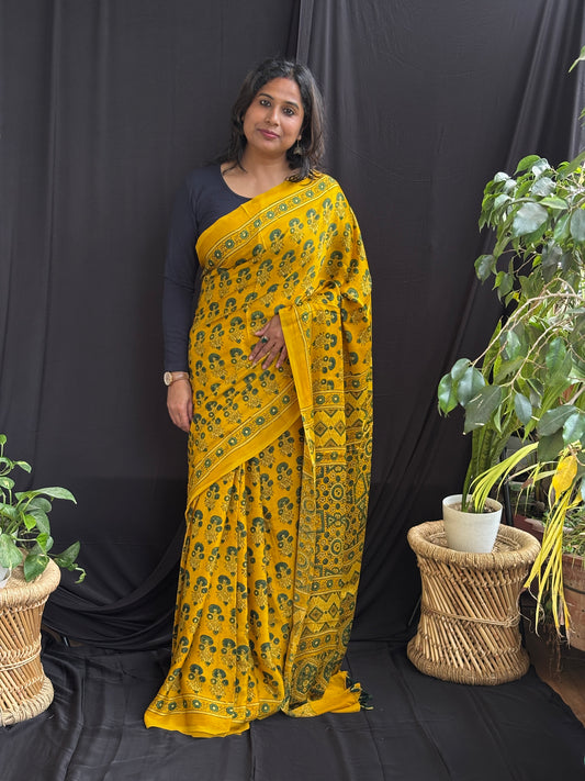 Sunflower  - Yellow Ajrakh Modal Saree