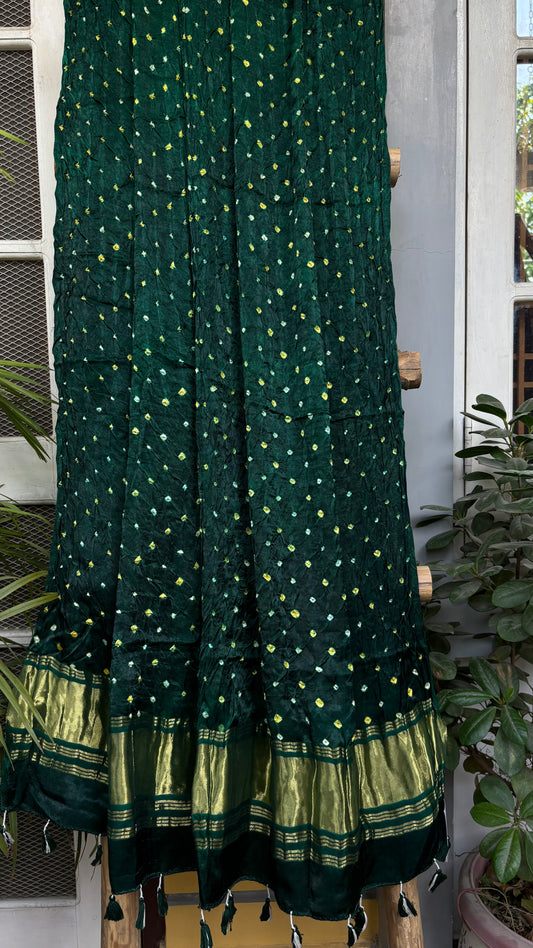 Moss Green  colour hand Bandhej Modal Dupatta with Yellow Bandhej and Tissue Palla