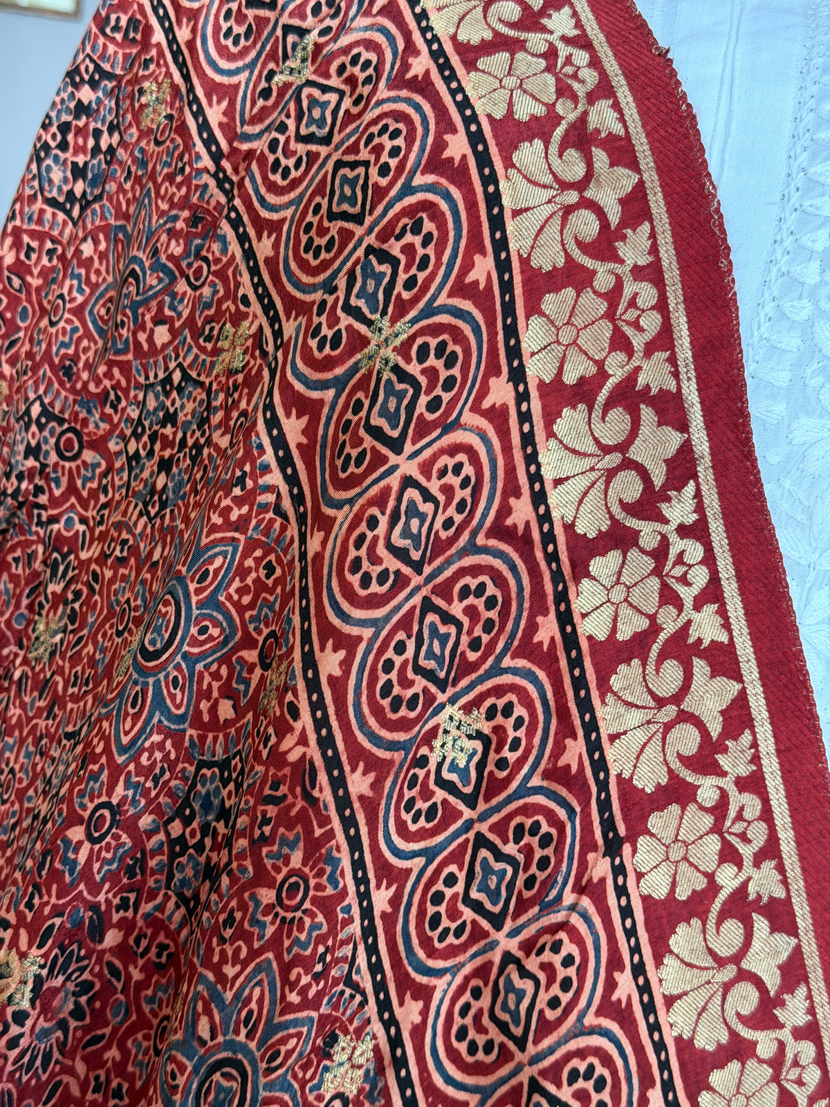 Ajrakh Dola Silk Dupatta With Zari Weaved Border