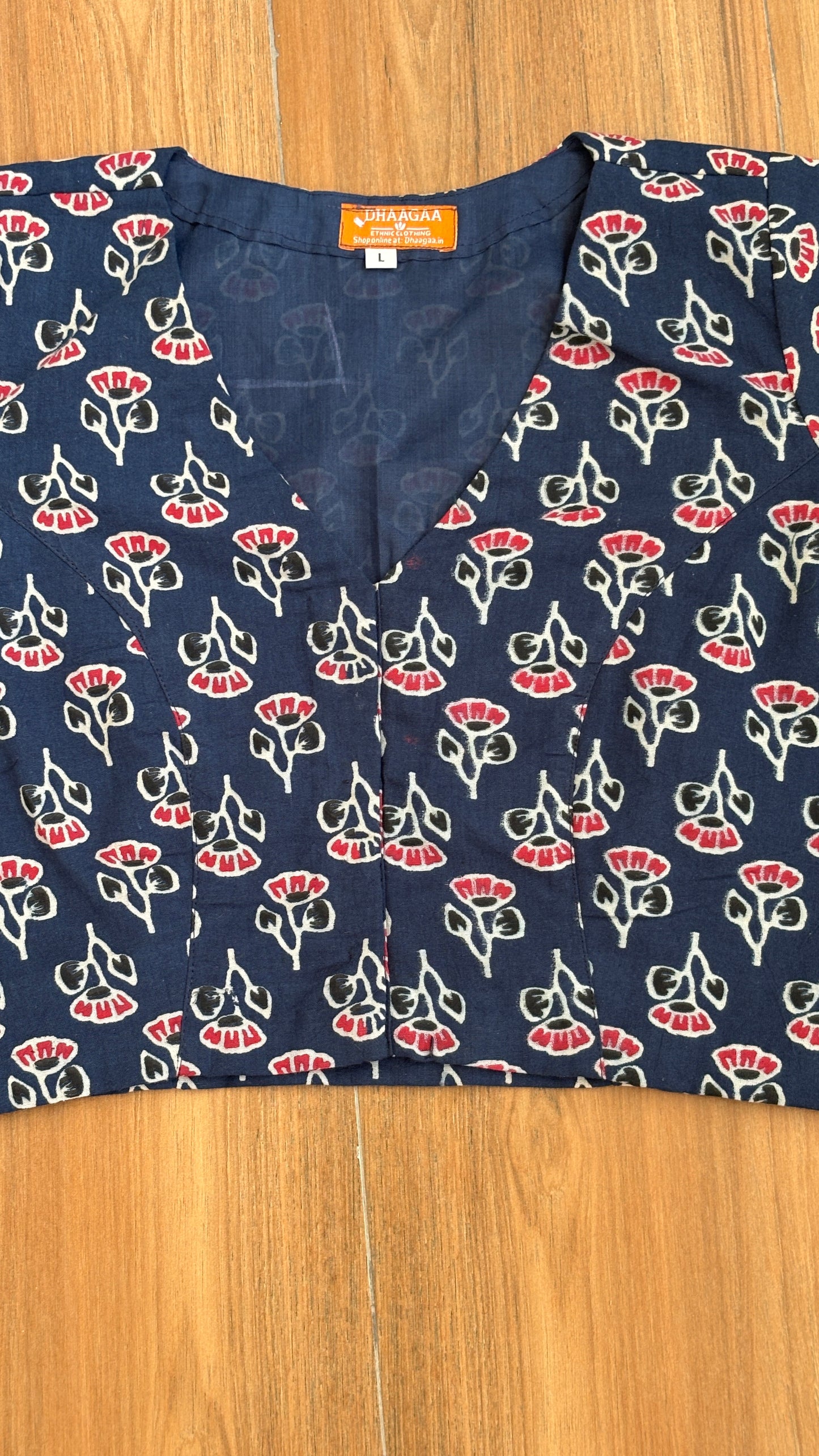 Indigo Small Floral Motif Cotton 'V' Neck Blouse With Cotton Lining. For size chart refer to the last picture